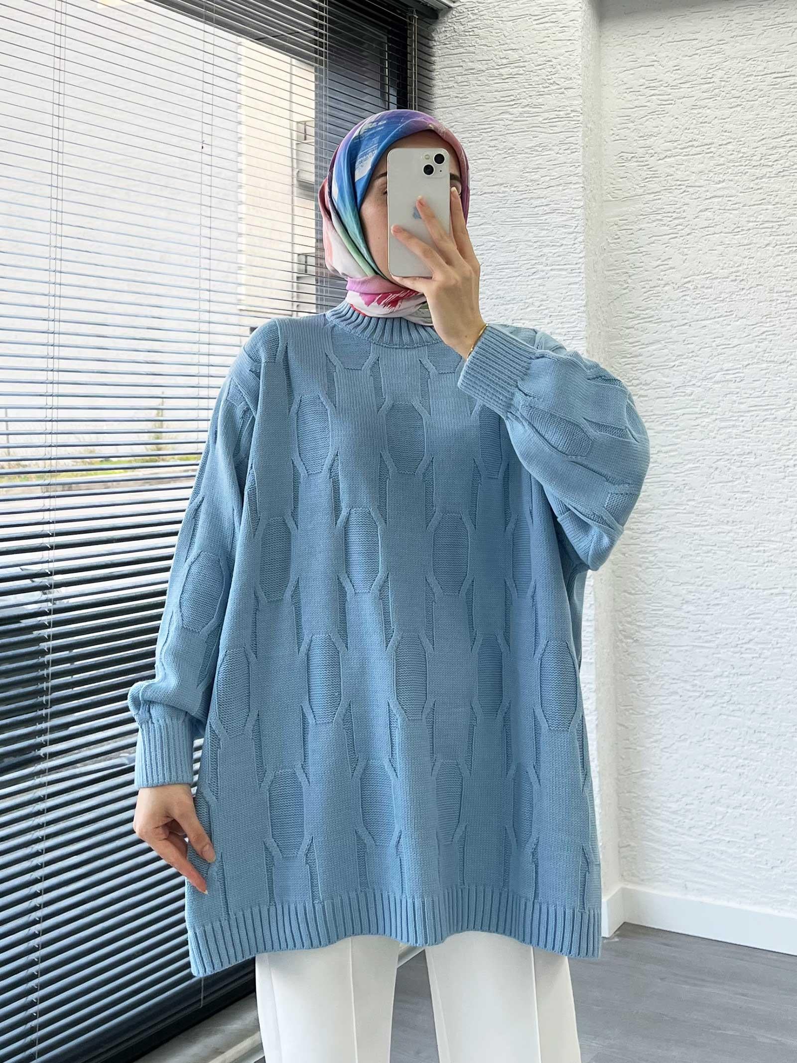 Bebe Mavi Kare Desenli Oversize Kadın Kazak