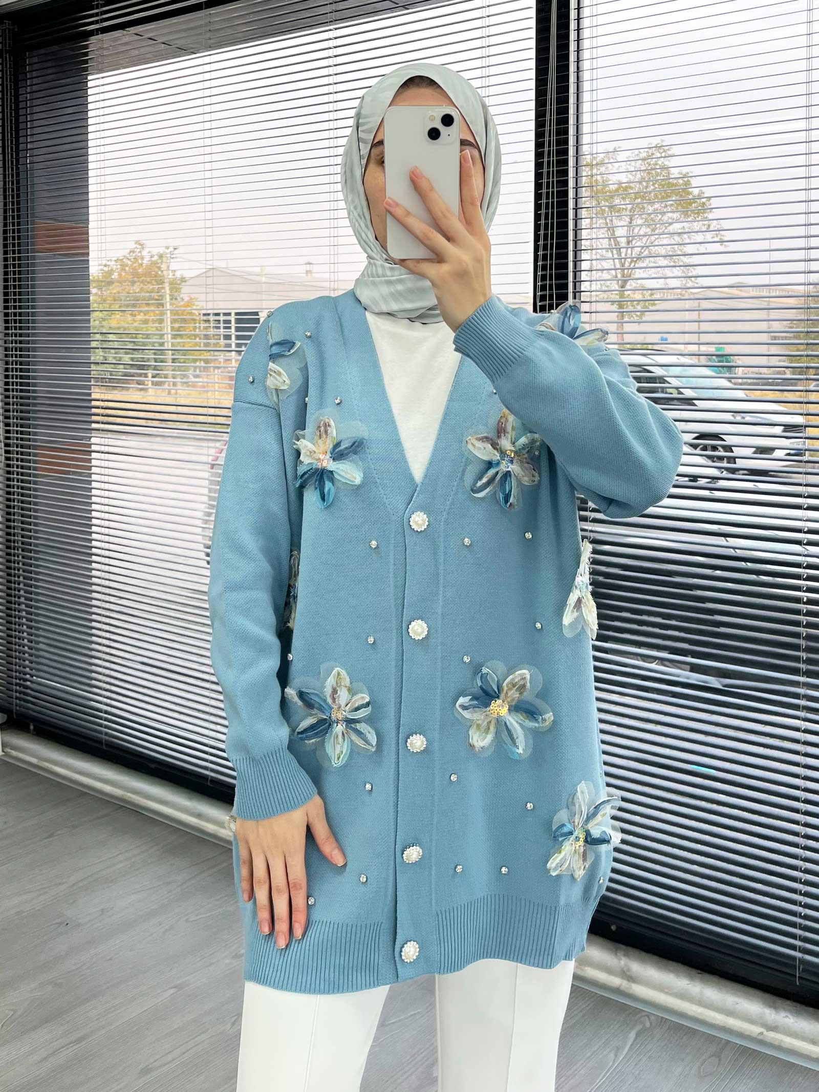 Bebe Mavi Şık Çiçek Detaylı Kadın Hırka