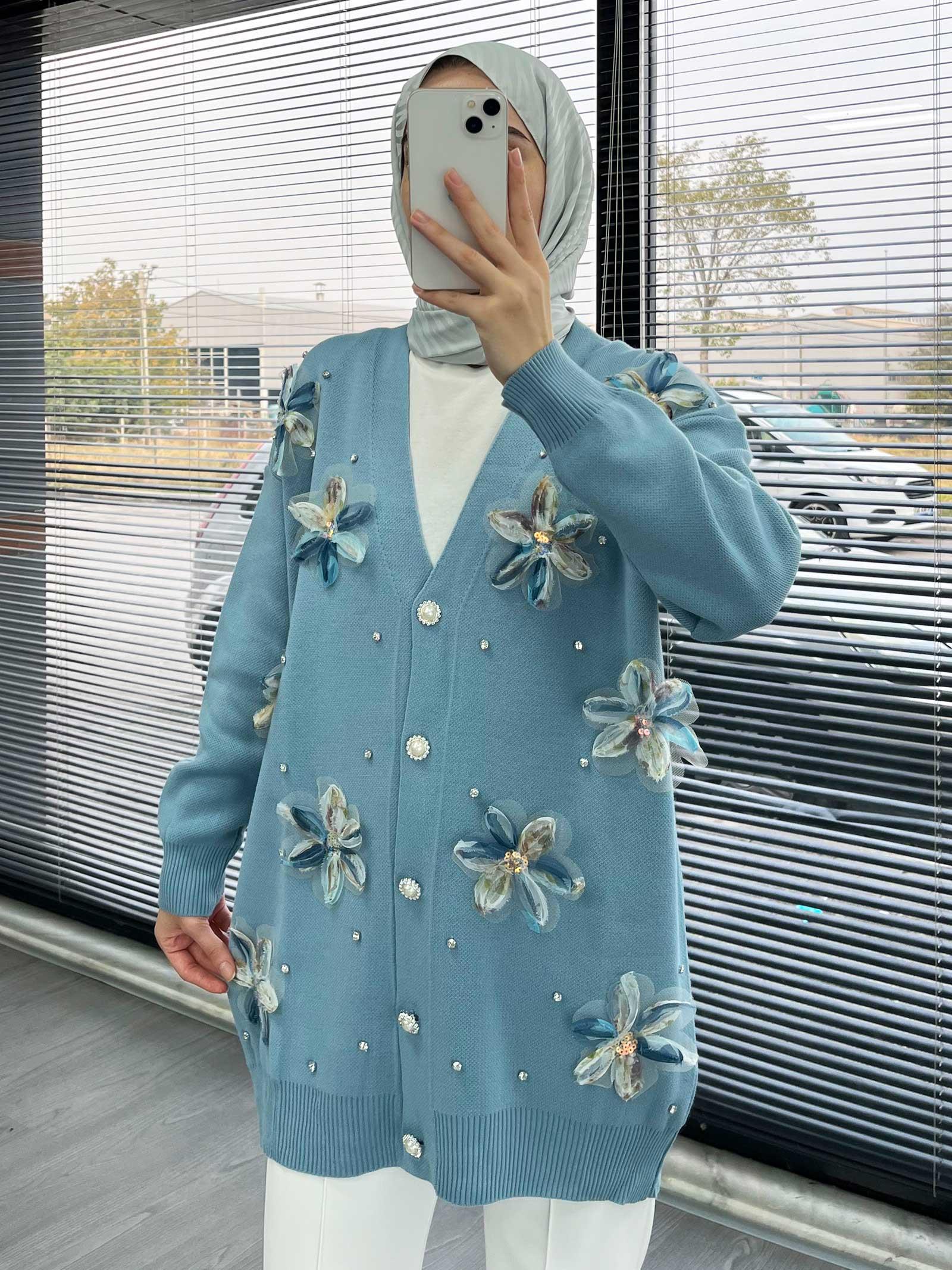 Bebe Mavi Şık Çiçek Detaylı Kadın Hırka