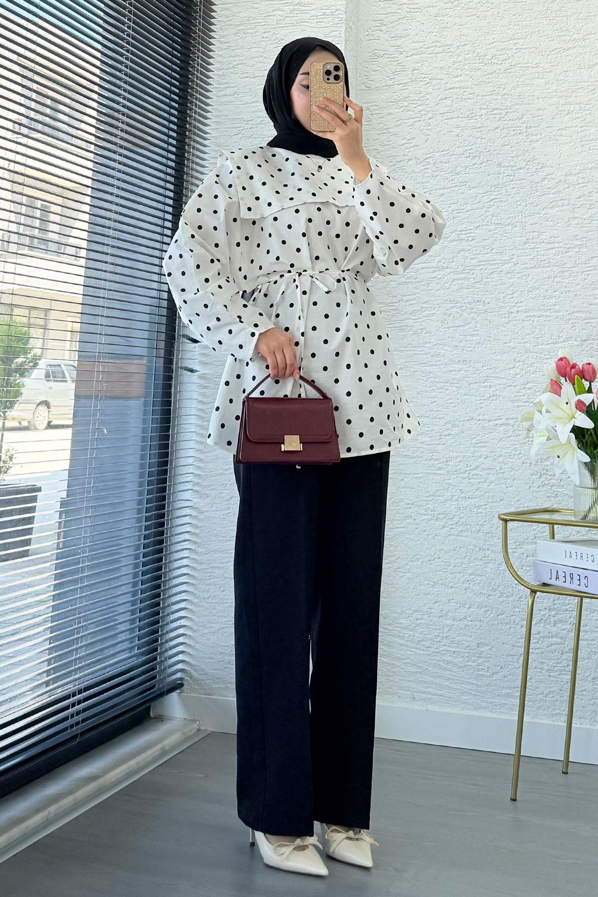 Bebe Yaka Puantiyeli Poplin Tunik – Beyaz