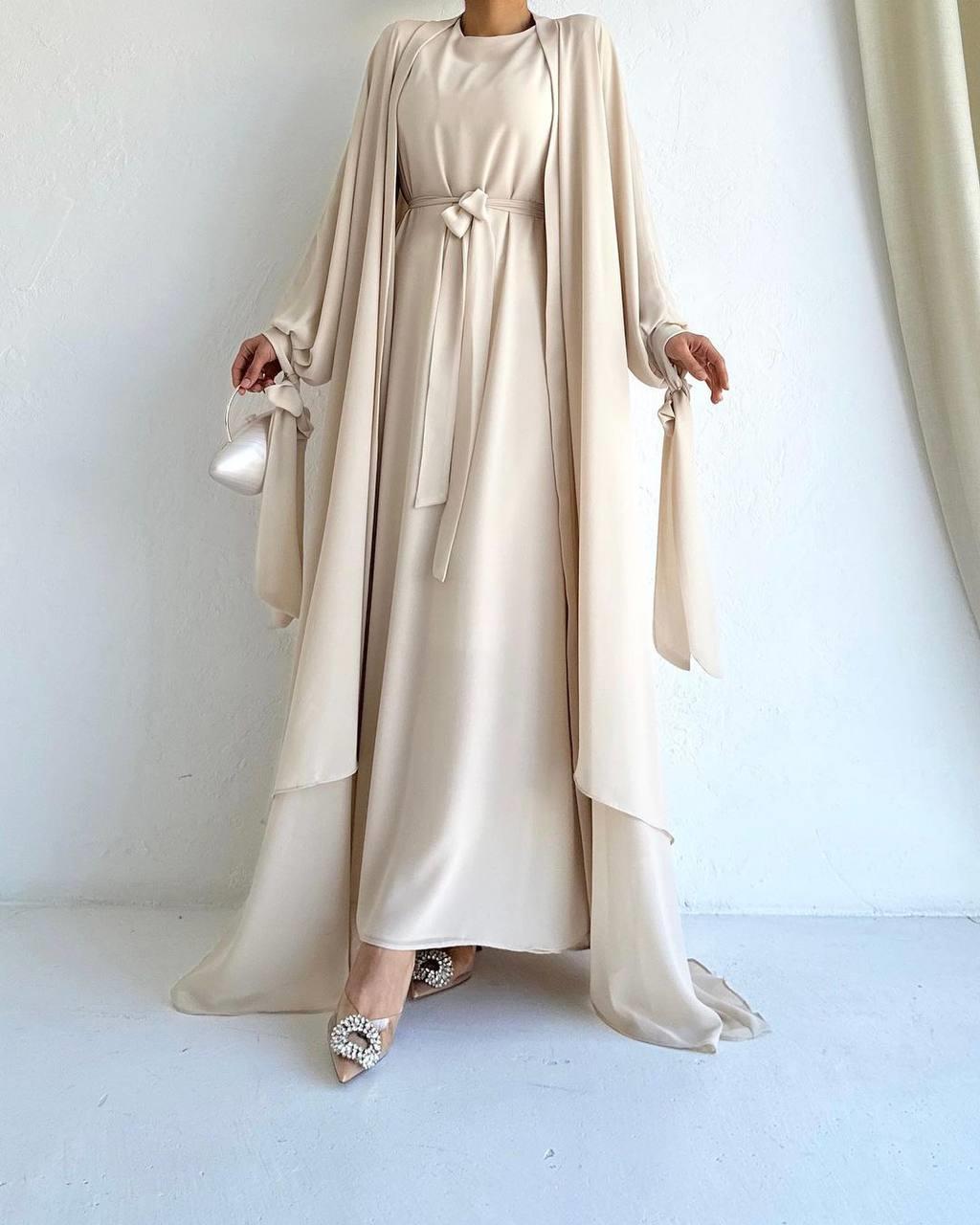 Bej Ella Şifon Abaya Takım