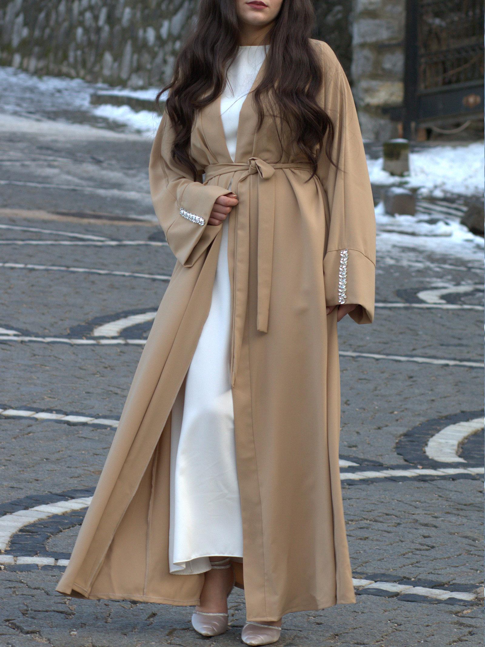 Bej Kolu Taşlı Ala Abaya