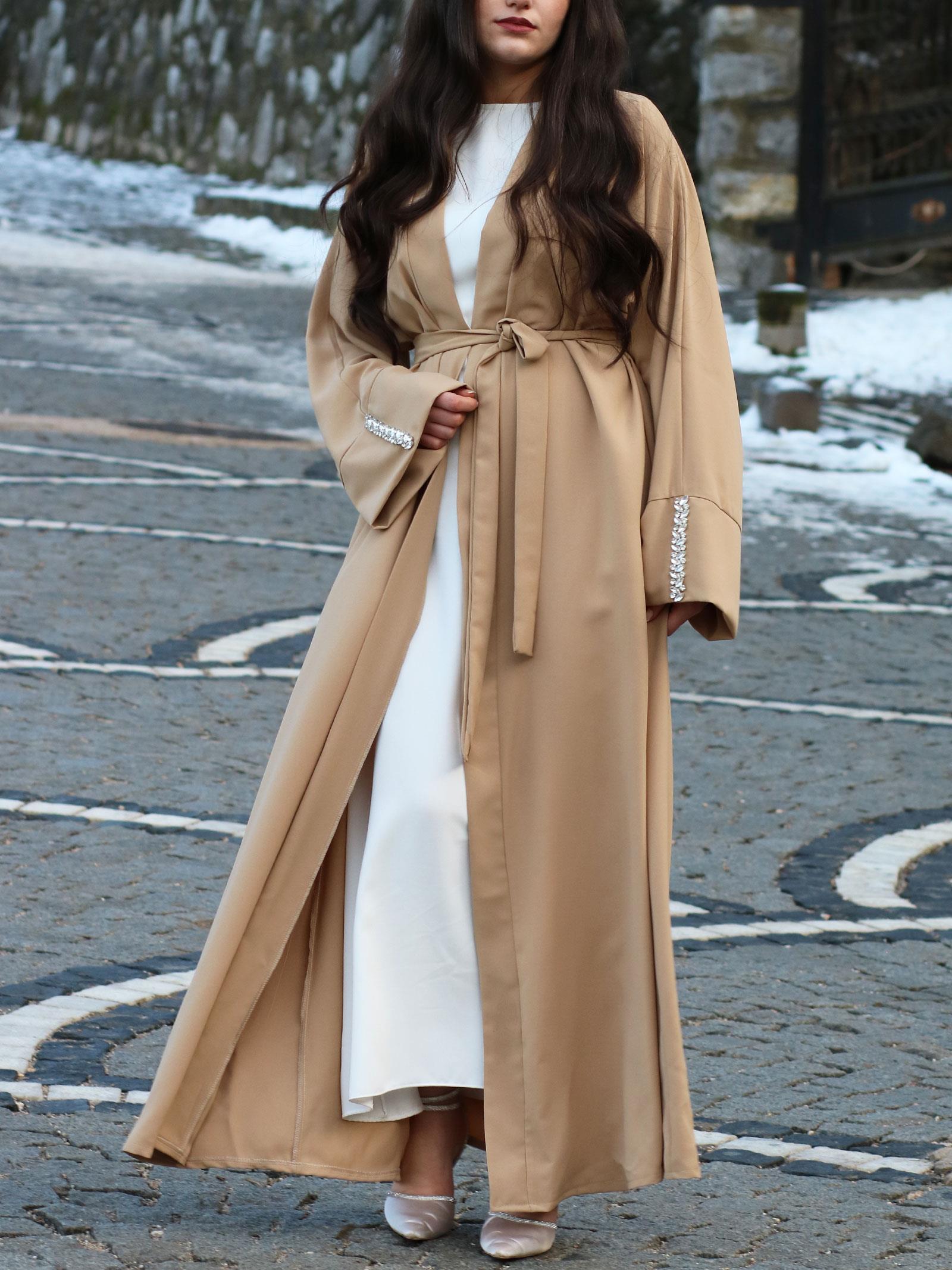 Bej Kolu Taşlı Ala Abaya