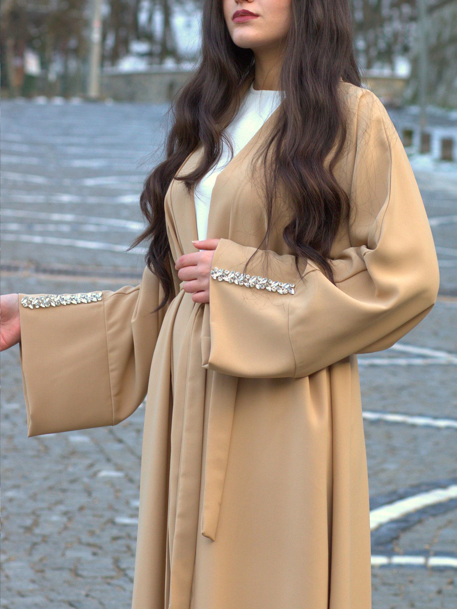 Bej Kolu Taşlı Ala Abaya