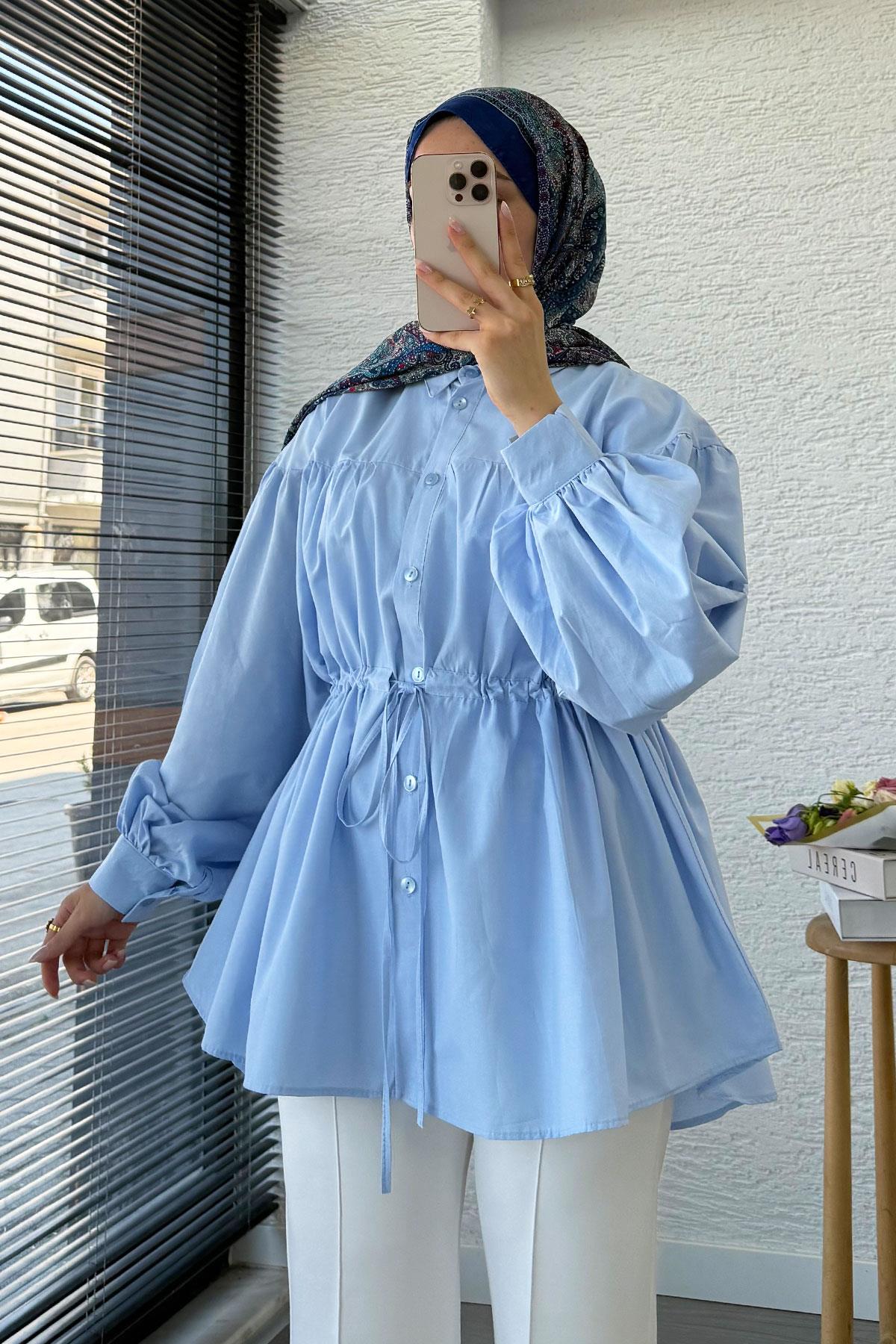 Bel Bağlamalı Oversize Poplin Tunik - Mavi