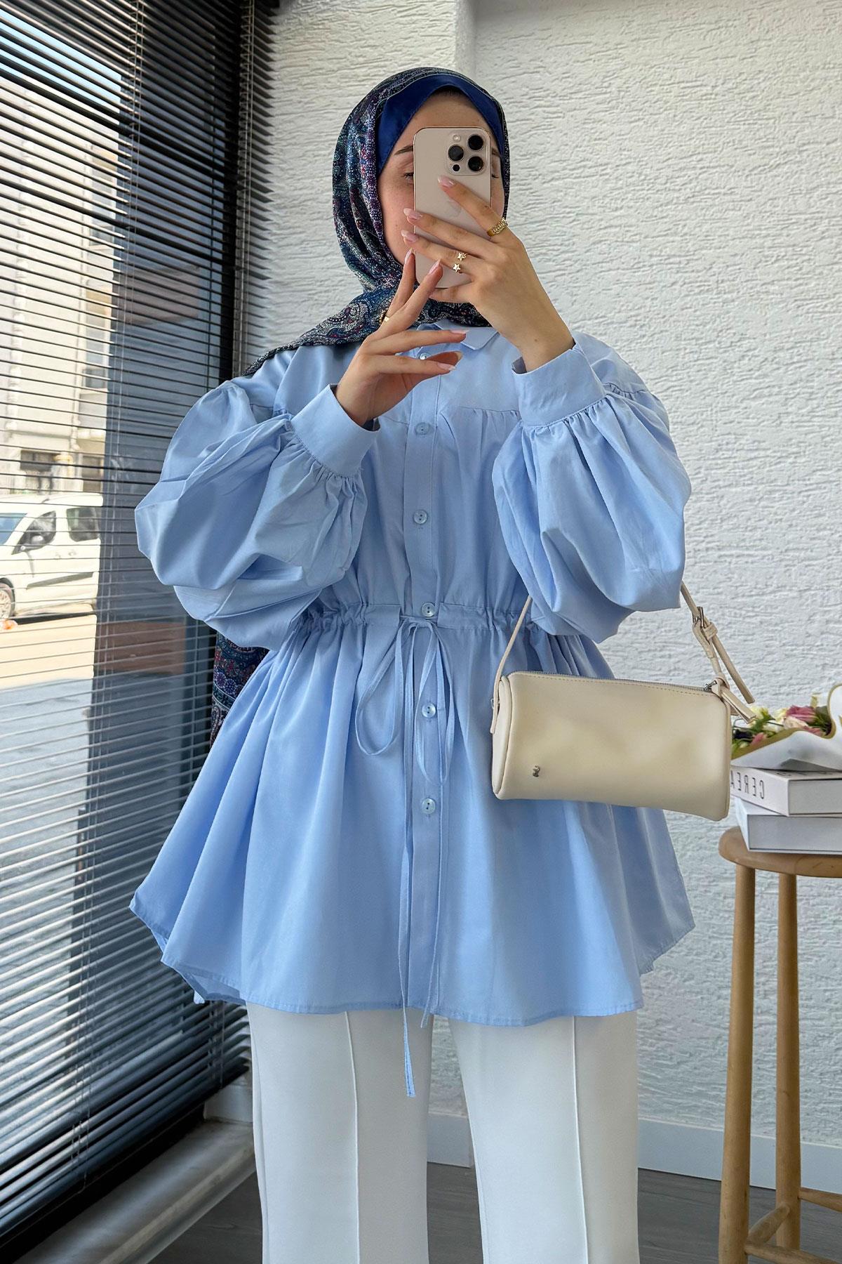 Bel Bağlamalı Oversize Poplin Tunik - Mavi