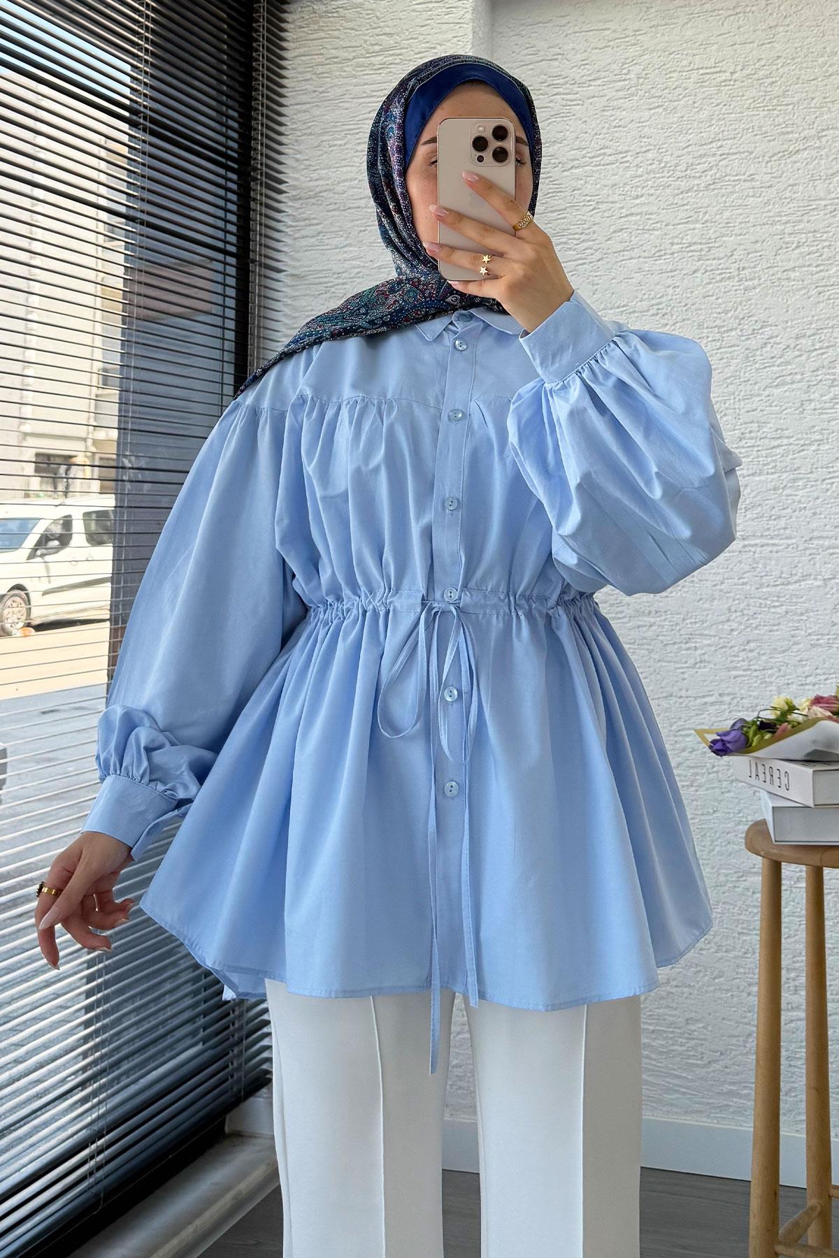 Bel Bağlamalı Oversize Poplin Tunik - Mavi