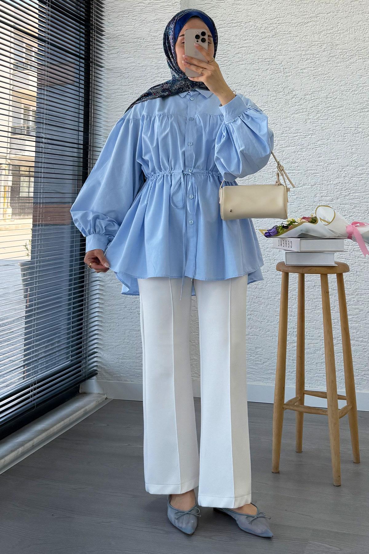 Bel Bağlamalı Oversize Poplin Tunik - Mavi