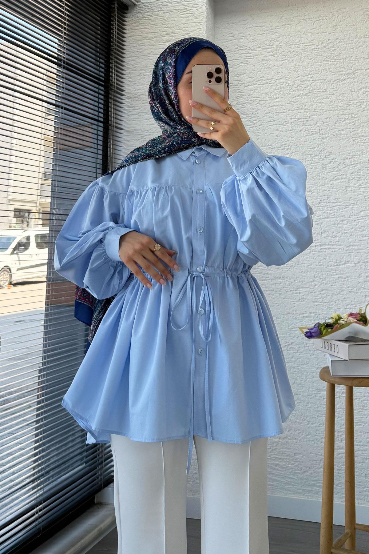 Bel Bağlamalı Oversize Poplin Tunik - Mavi