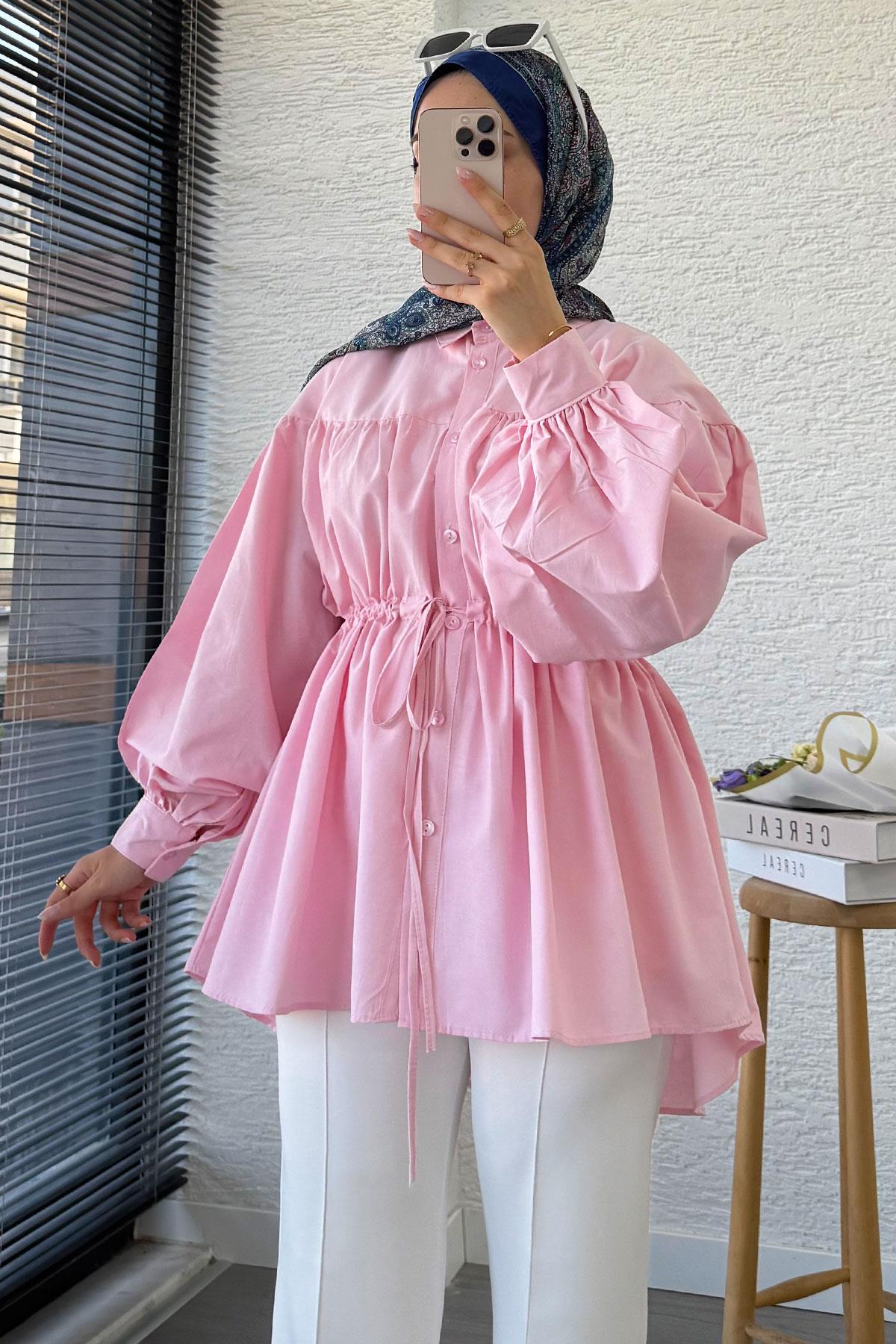 Bel Bağlamalı Oversize Poplin Tunik - Pembe