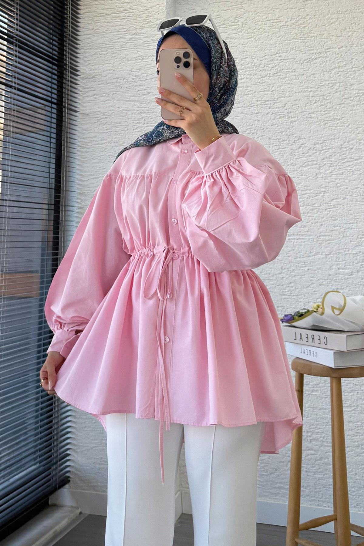 Bel Bağlamalı Oversize Poplin Tunik - Pembe