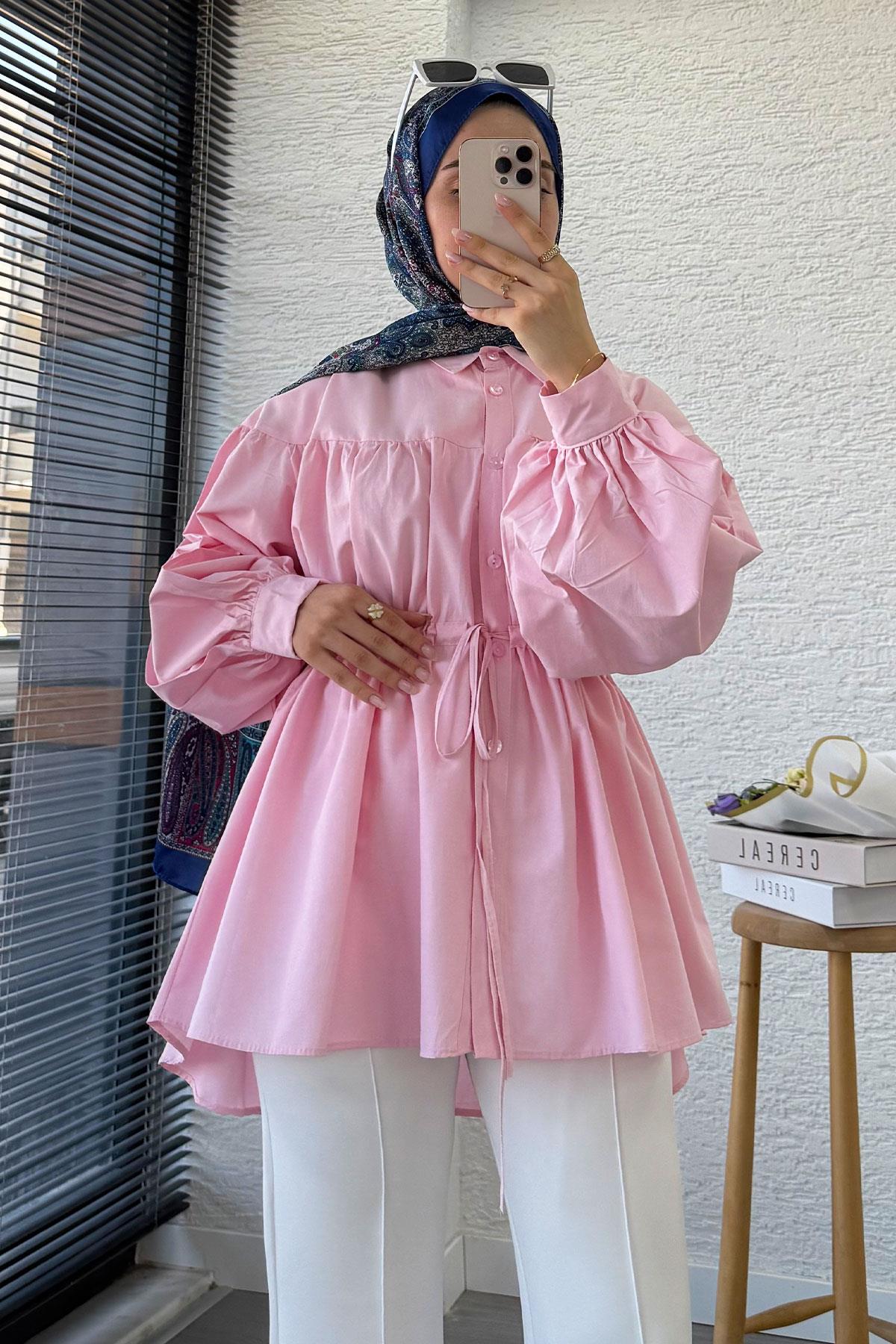 Bel Bağlamalı Oversize Poplin Tunik - Pembe