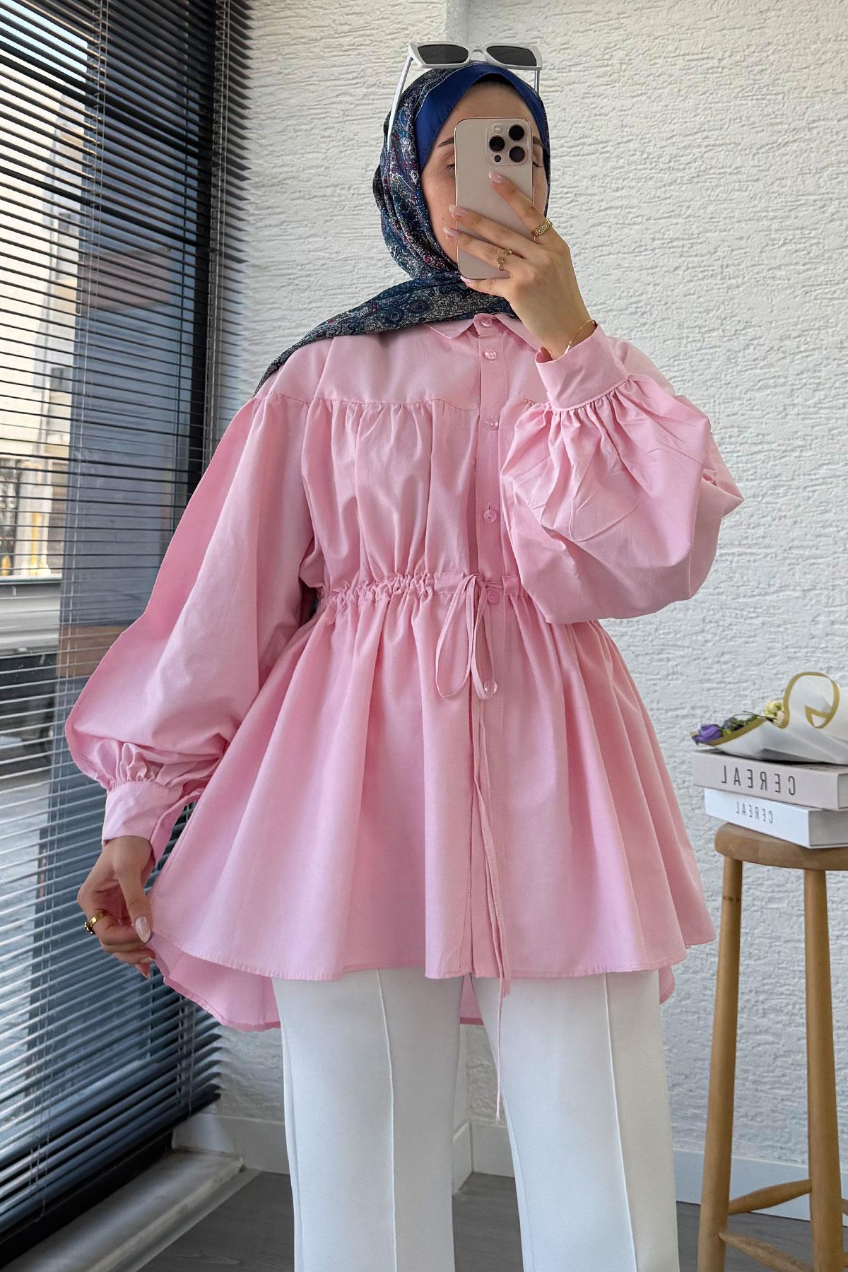 Bel Bağlamalı Oversize Poplin Tunik - Pembe