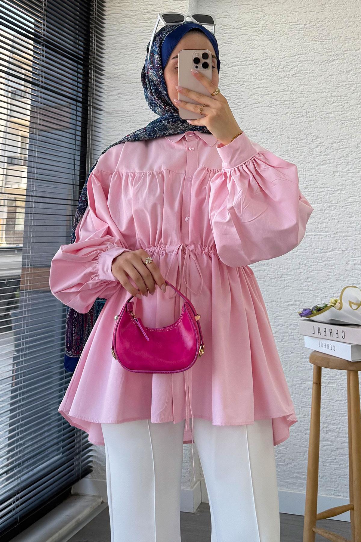 Bel Bağlamalı Oversize Poplin Tunik - Pembe