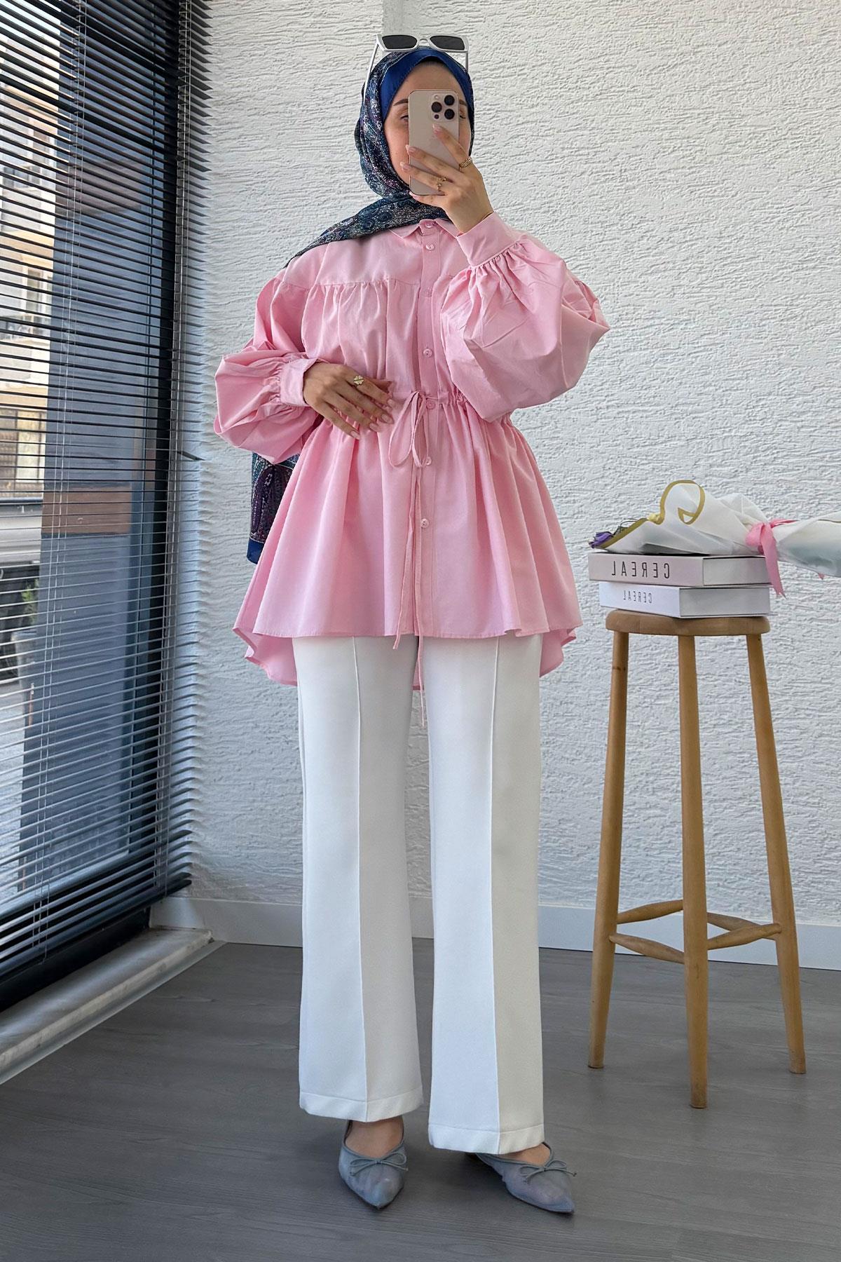 Bel Bağlamalı Oversize Poplin Tunik - Pembe