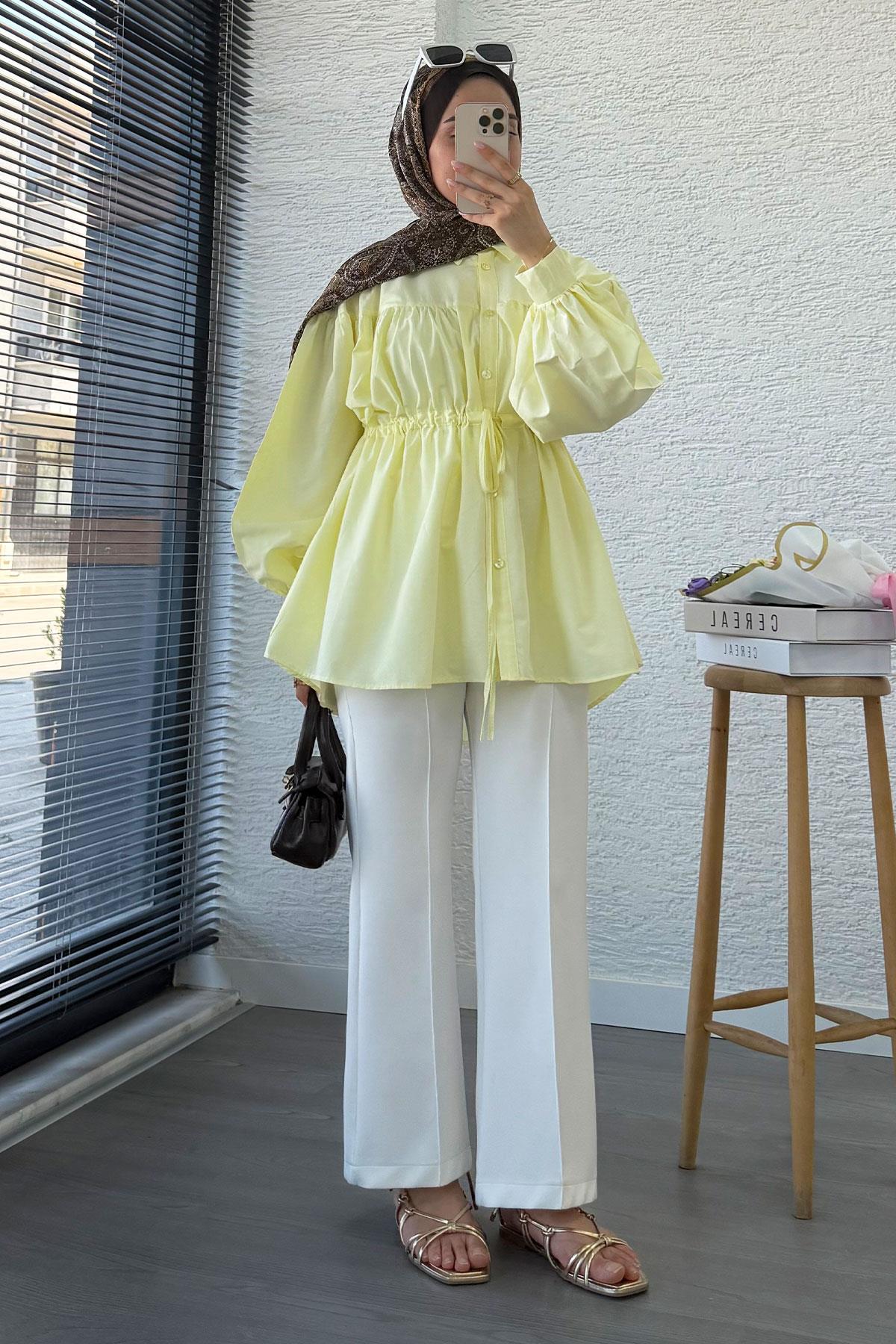 Bel Bağlamalı Oversize Poplin Tunik - Sarı