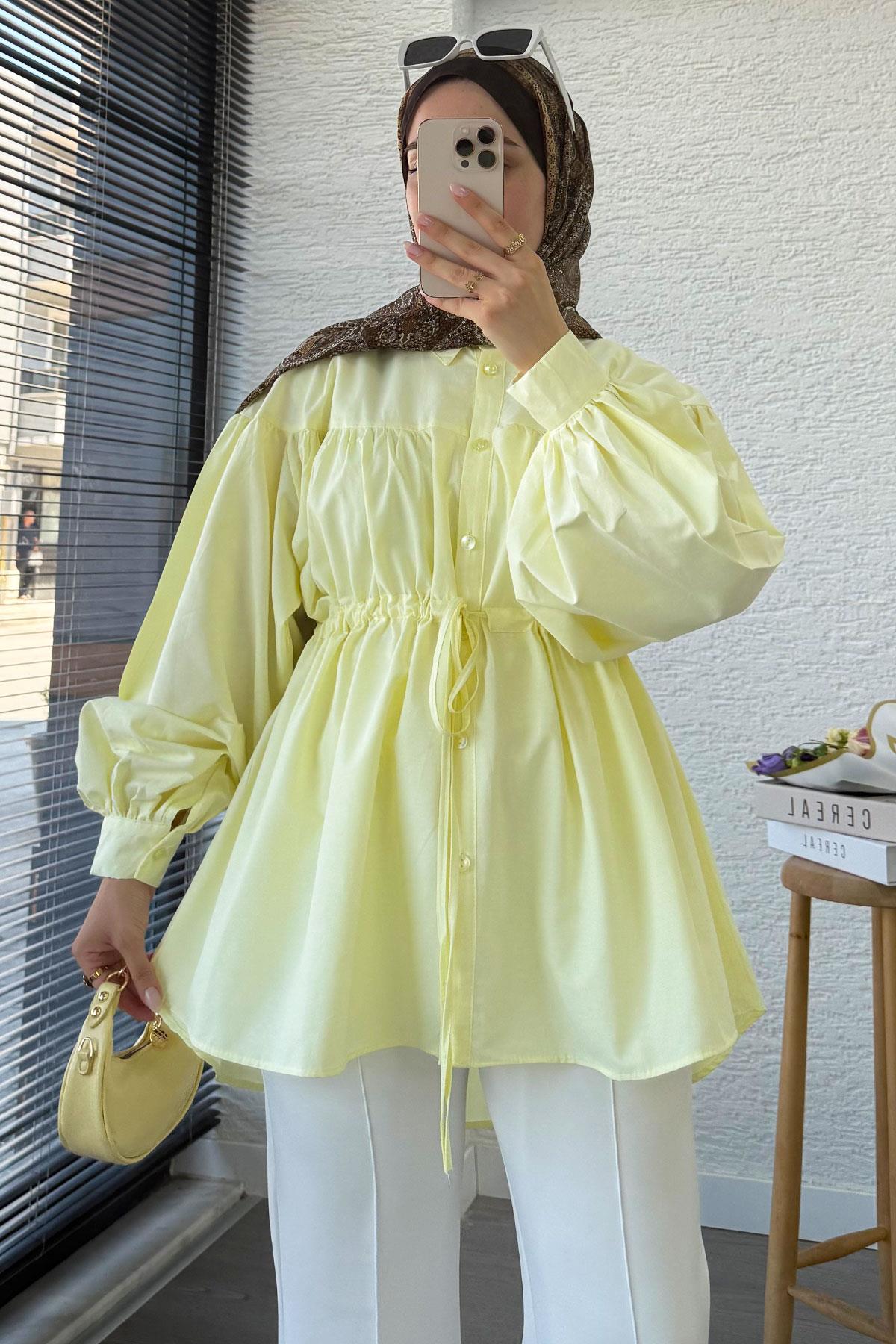 Bel Bağlamalı Oversize Poplin Tunik - Sarı