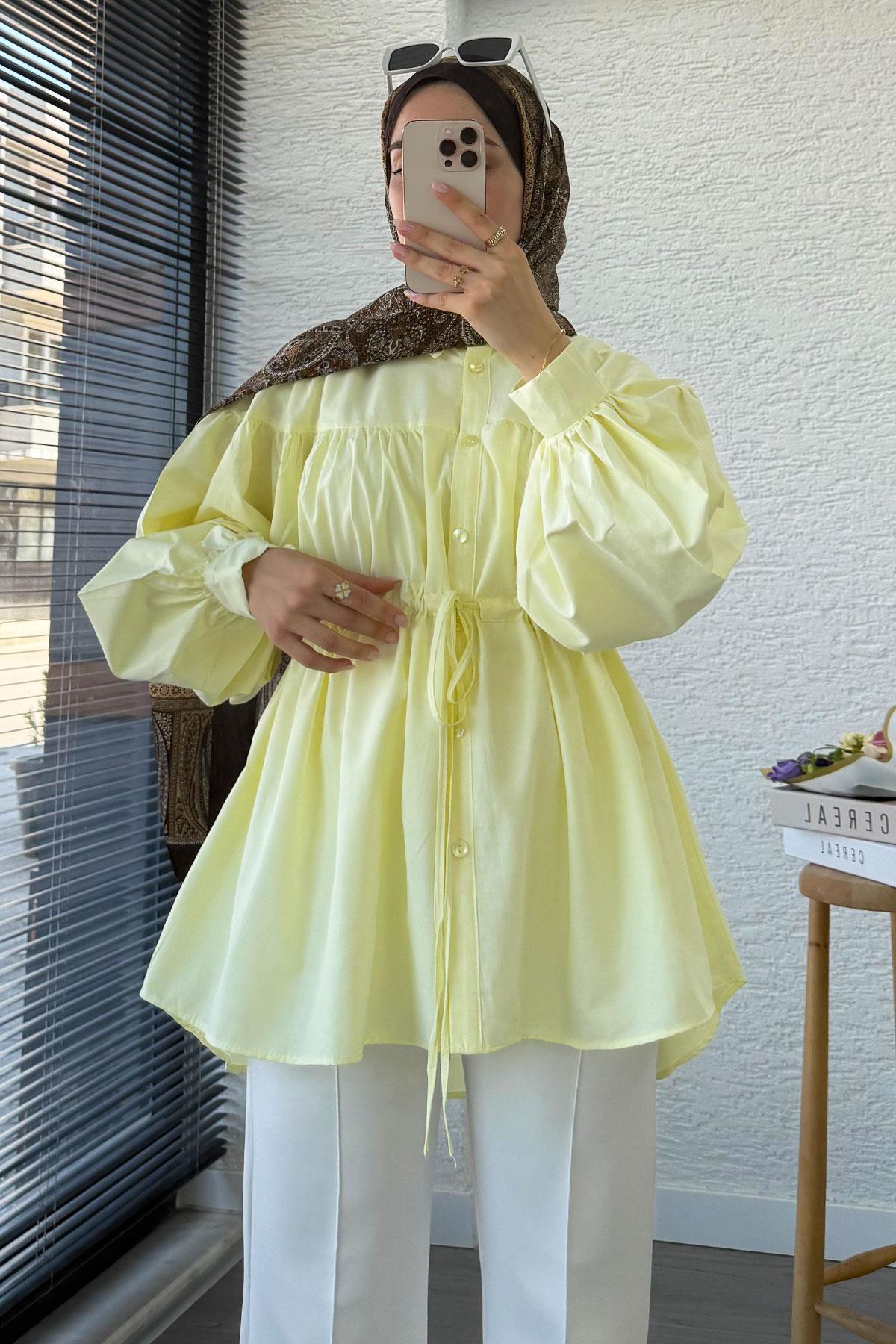 Bel Bağlamalı Oversize Poplin Tunik - Sarı