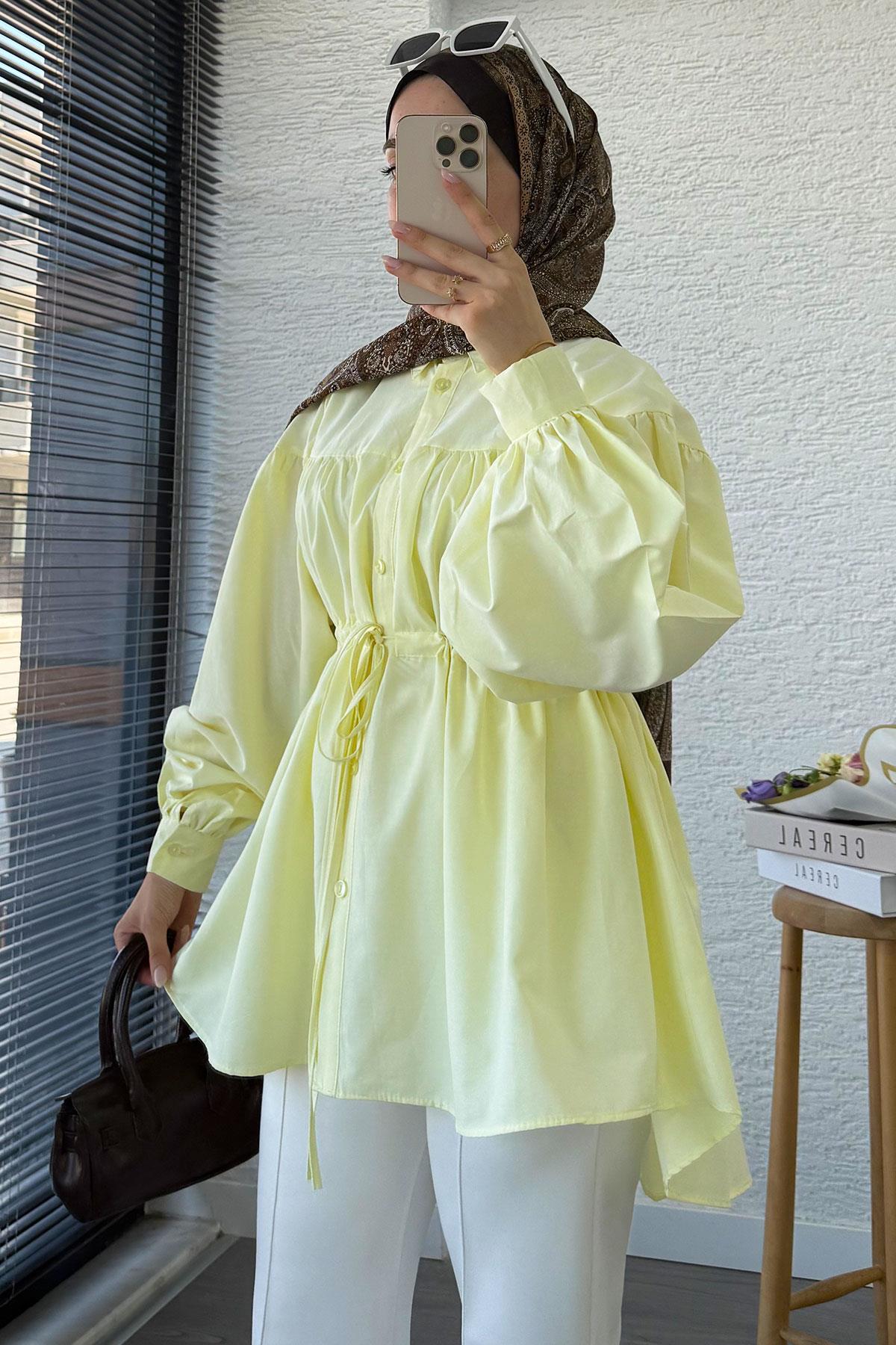 Bel Bağlamalı Oversize Poplin Tunik - Sarı