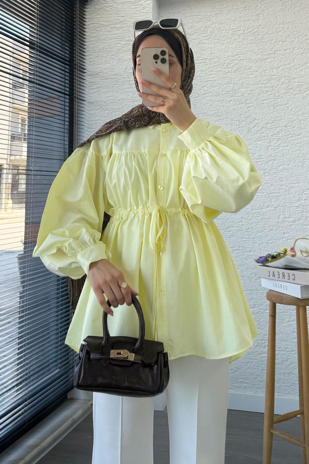 Bel Bağlamalı Oversize Poplin Tunik - Sarı