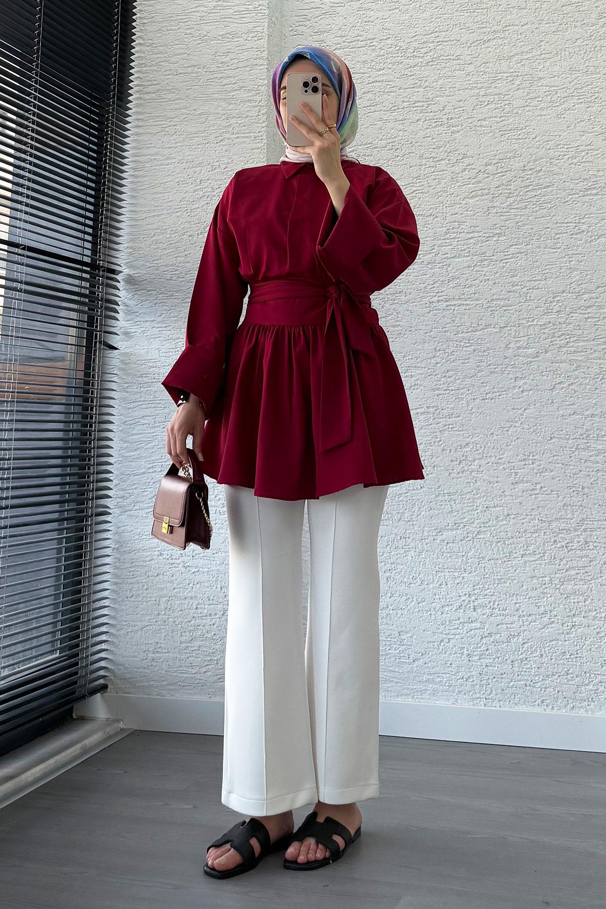 Bel Kuşaklı Poplin Tunik-Bordo