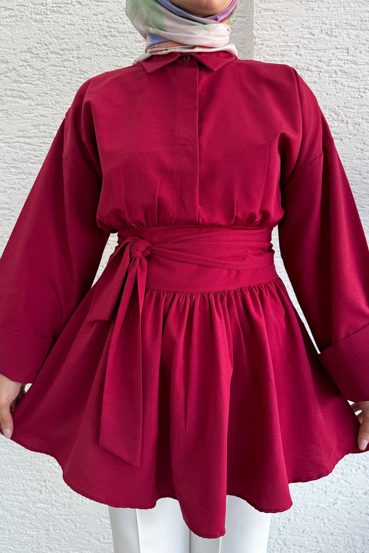 Bel Kuşaklı Poplin Tunik-Bordo