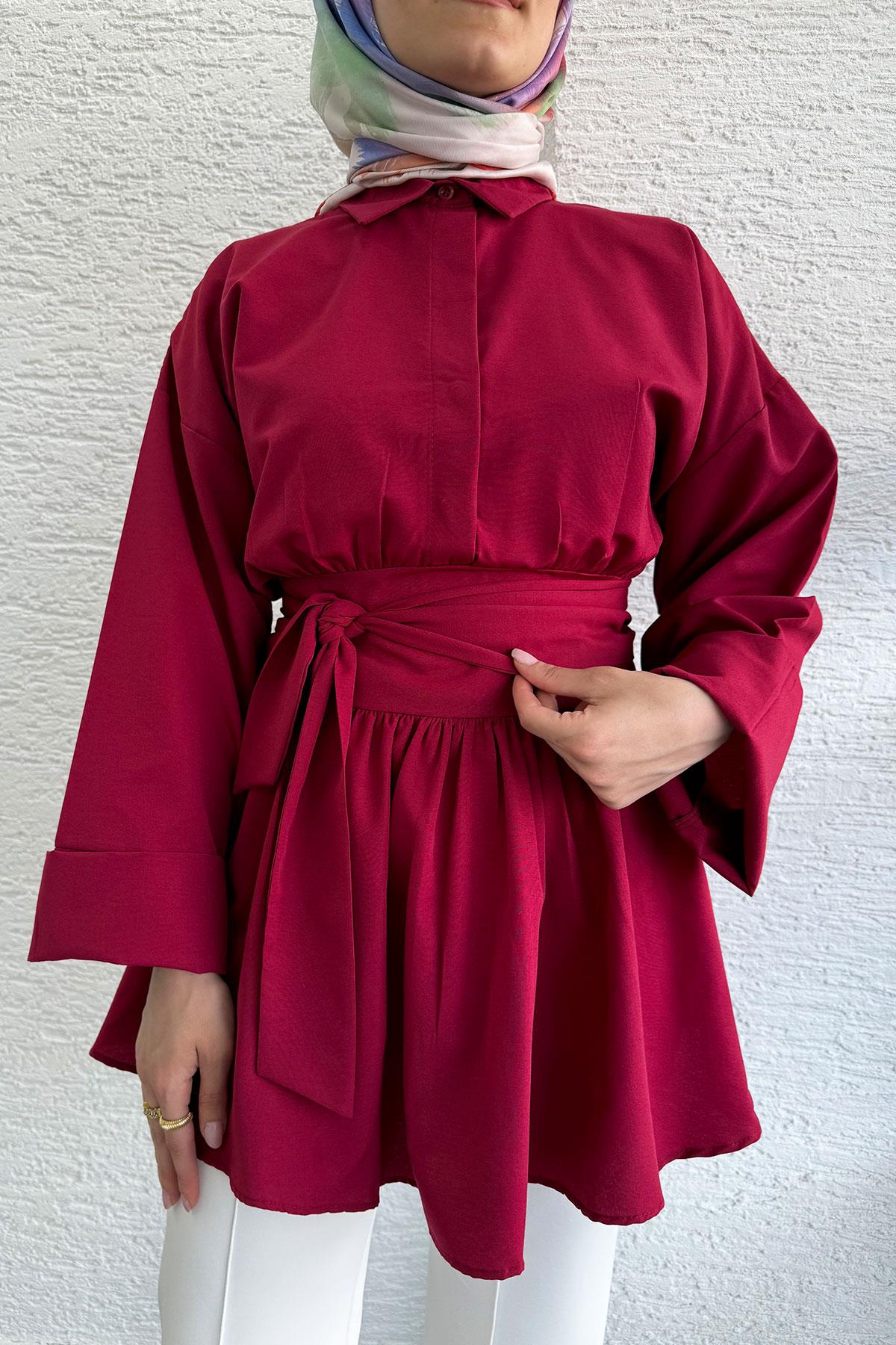 Bel Kuşaklı Poplin Tunik-Bordo