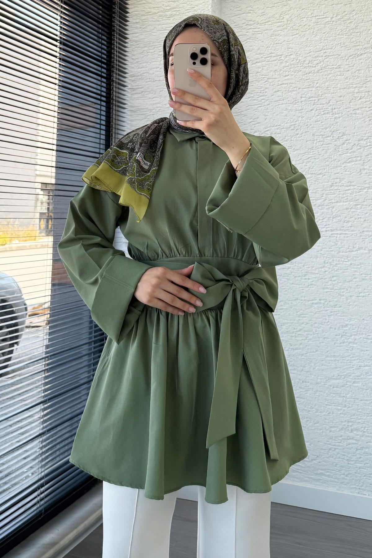 Bel Kuşaklı Poplin Tunik-Koyu Yeşil