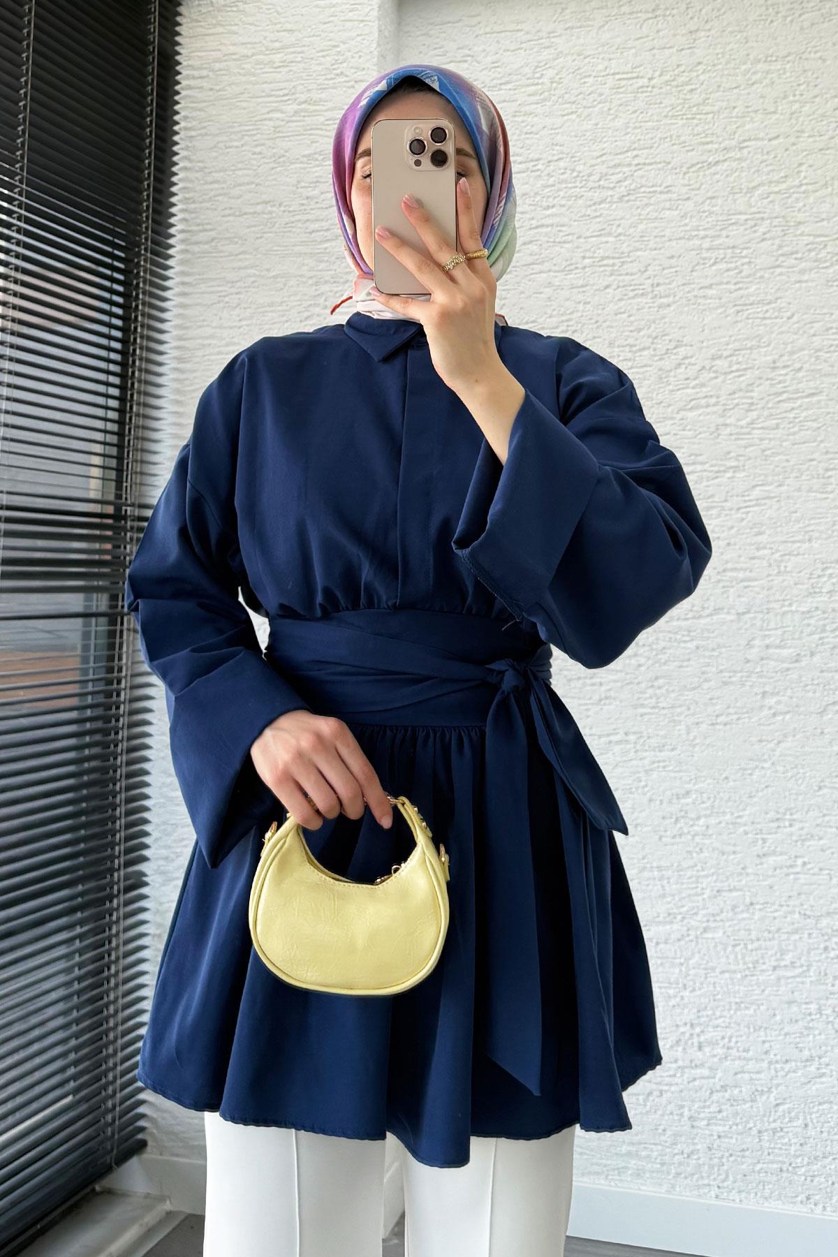 Bel Kuşaklı Poplin Tunik-Lacivert