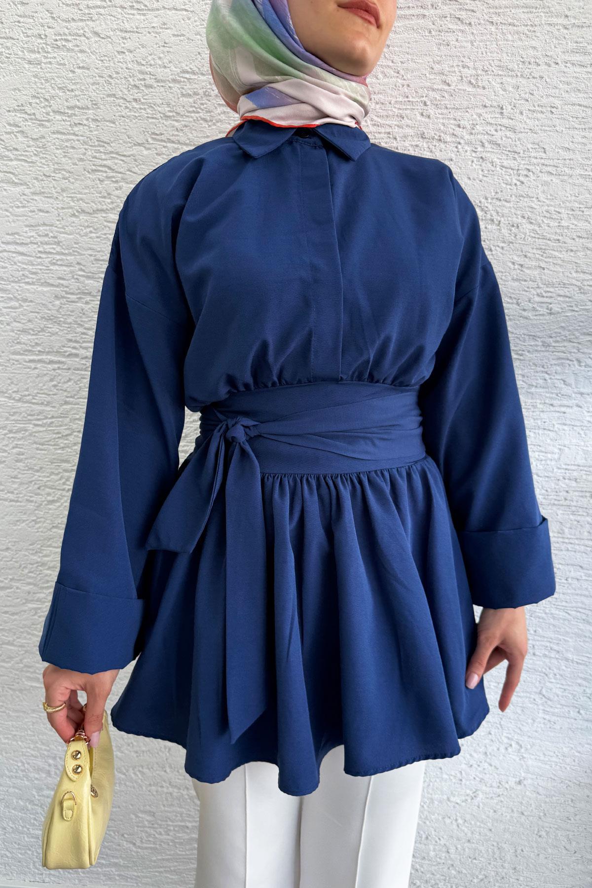 Bel Kuşaklı Poplin Tunik-Lacivert