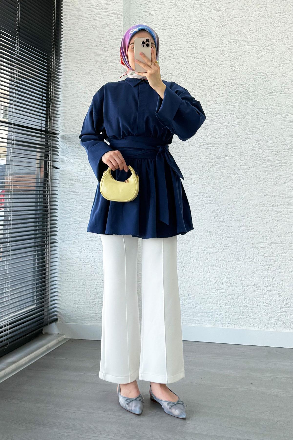 Bel Kuşaklı Poplin Tunik-Lacivert