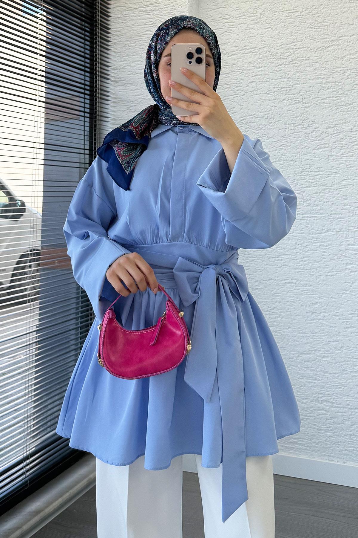 Bel Kuşaklı Poplin Tunik - Mavi