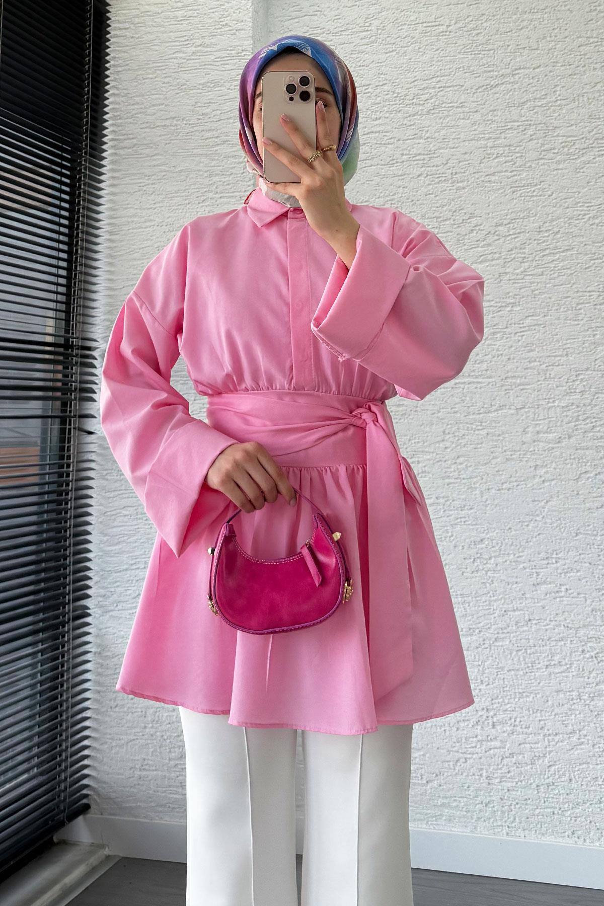 Bel Kuşaklı Poplin Tunik-Pembe