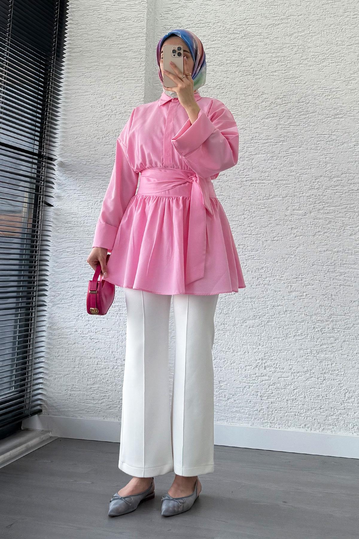 Bel Kuşaklı Poplin Tunik-Pembe