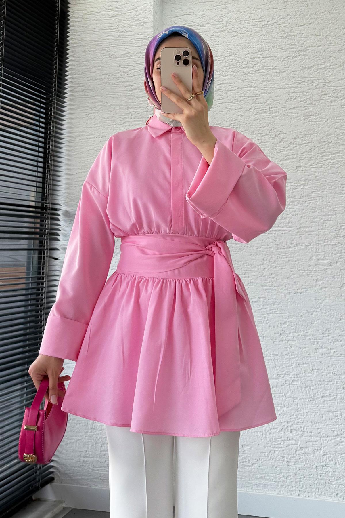 Bel Kuşaklı Poplin Tunik-Pembe