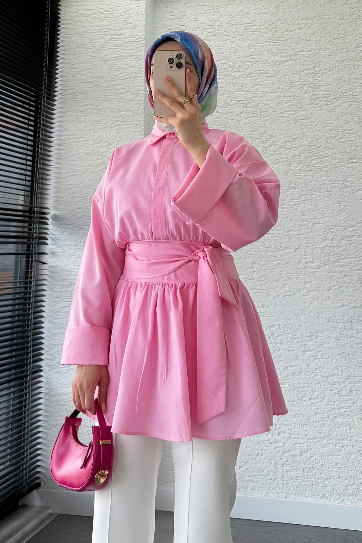 Bel Kuşaklı Poplin Tunik-Pembe