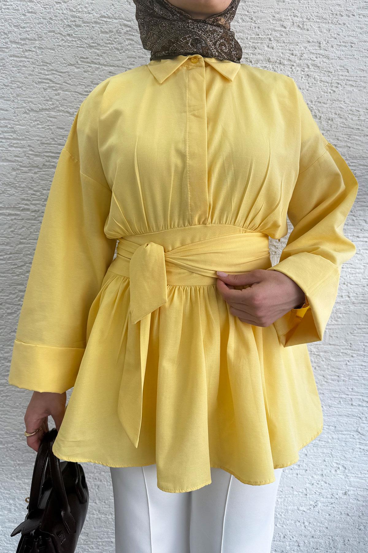 Bel Kuşaklı Poplin Tunik-Sarı