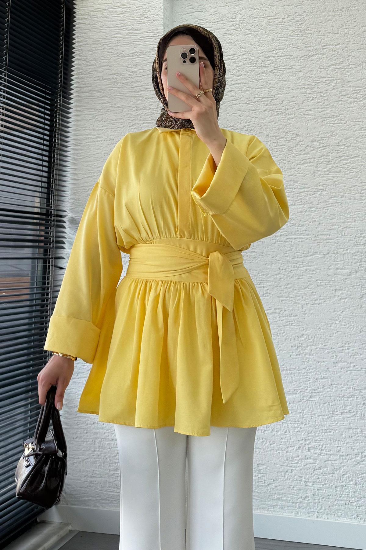 Bel Kuşaklı Poplin Tunik-Sarı