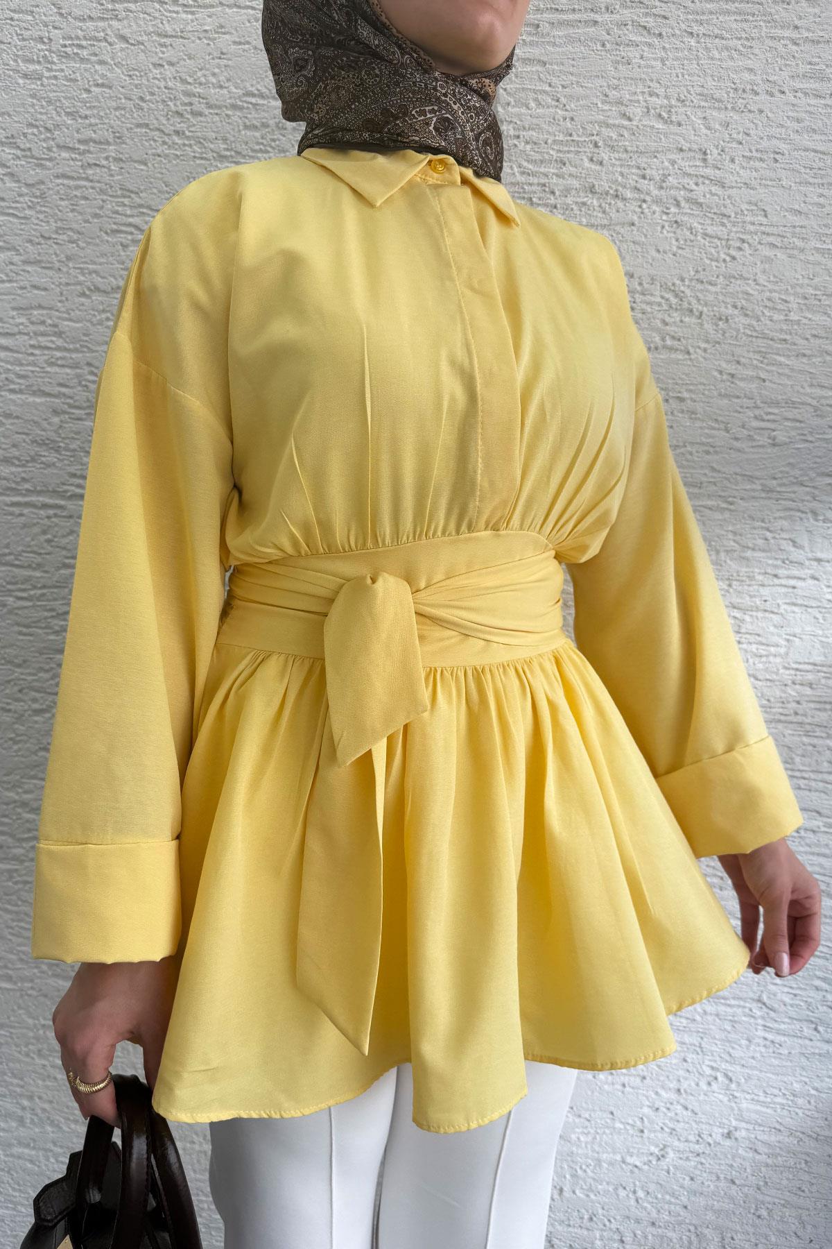 Bel Kuşaklı Poplin Tunik-Sarı