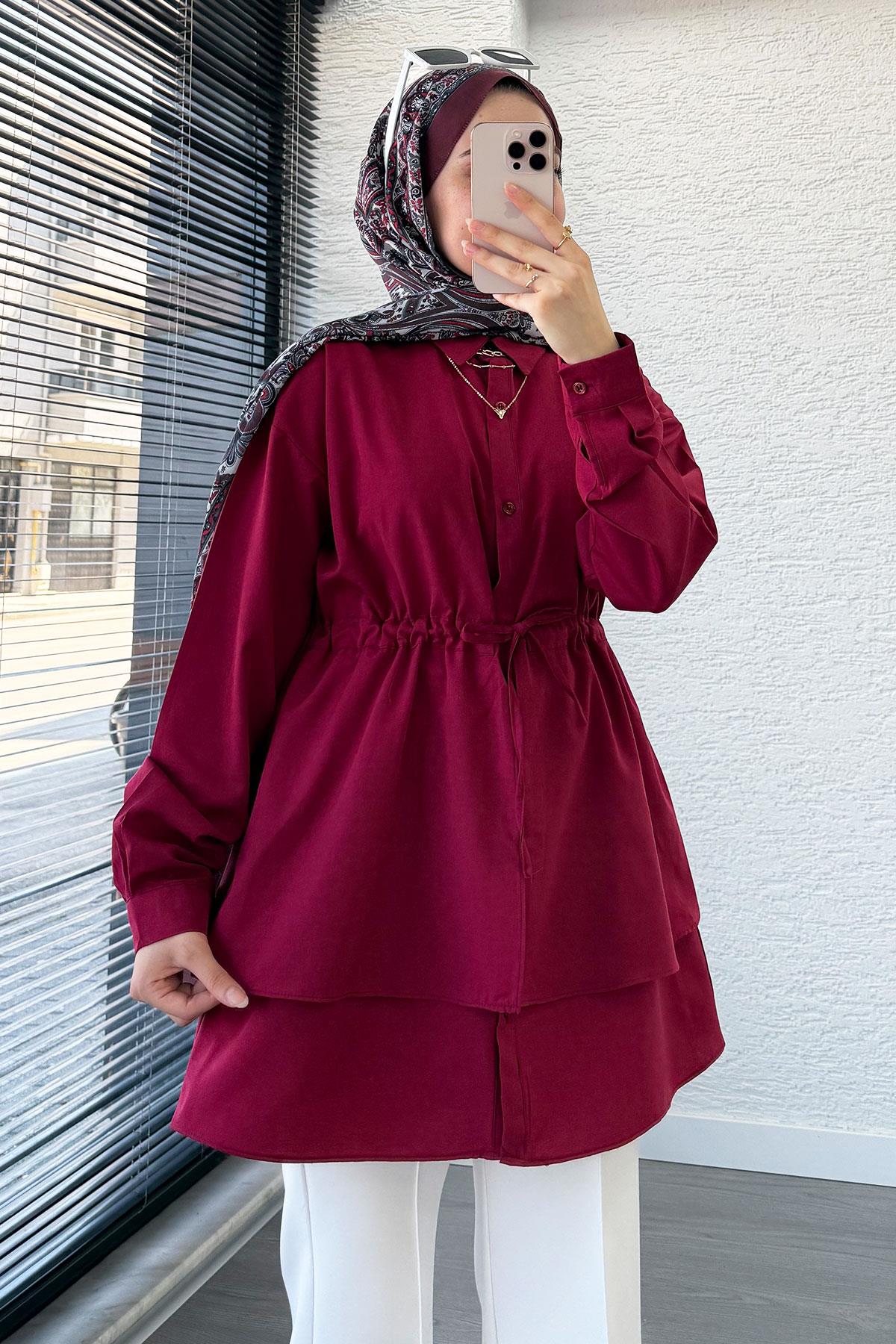 Belden Bağlamalı Çift Kat Volanlı Tunik - Bordo