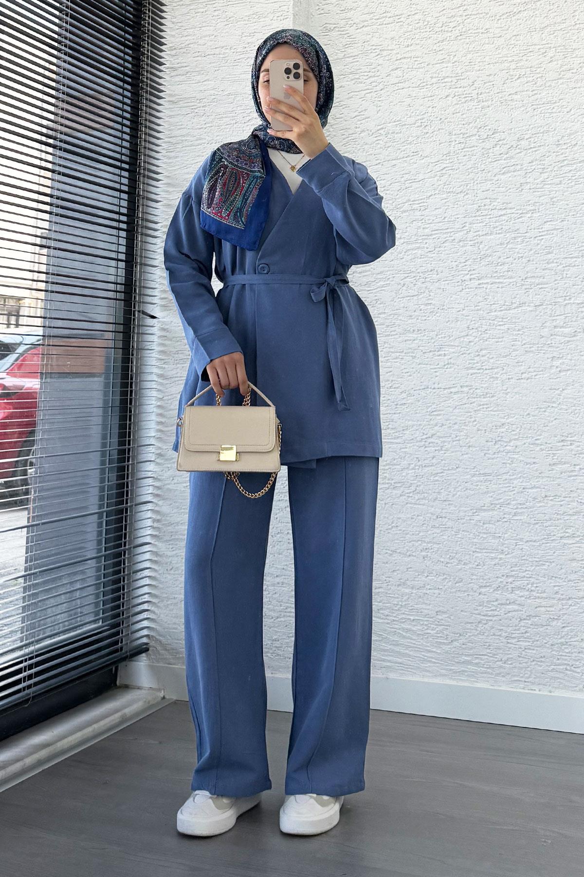 Belden Bağlamalı Düğme Detaylı Keten Takım -İndigo