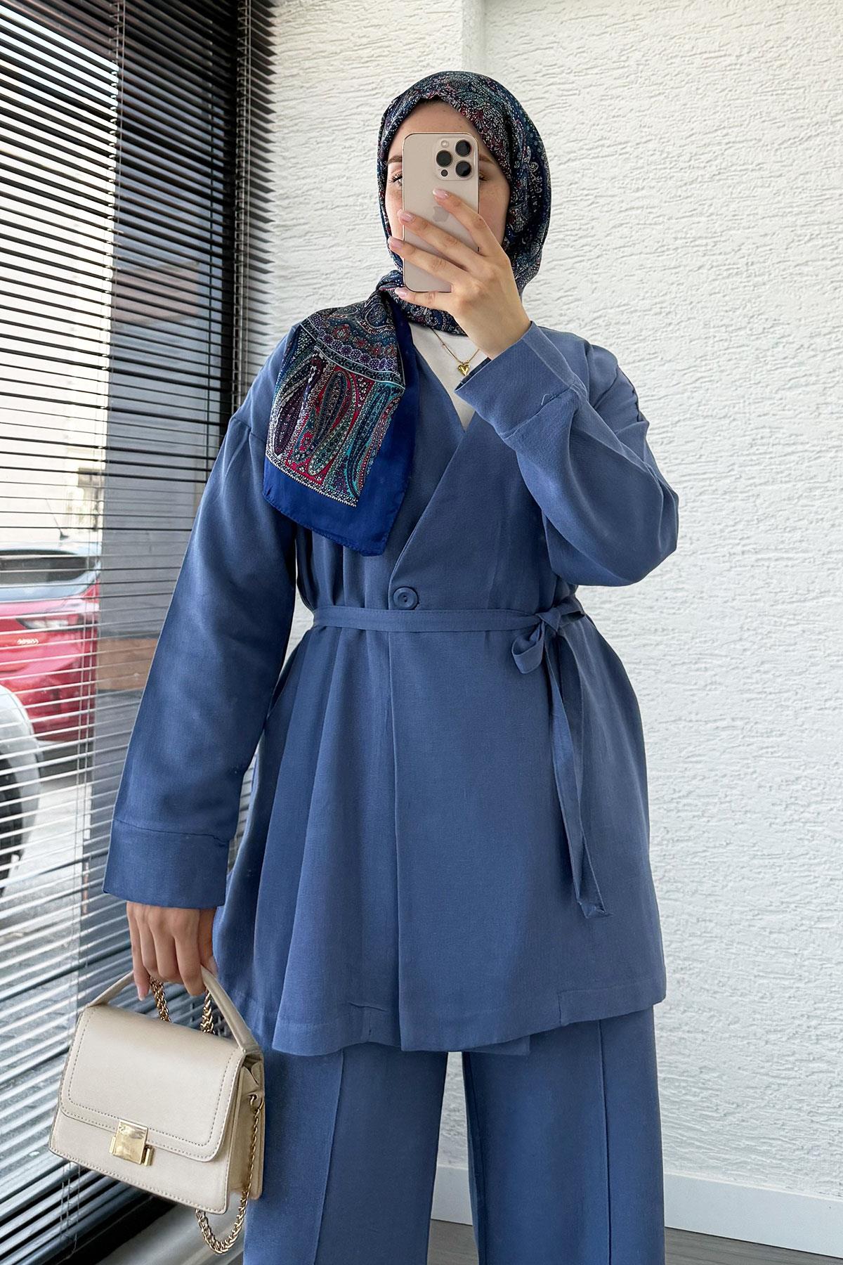 Belden Bağlamalı Düğme Detaylı Keten Takım -İndigo