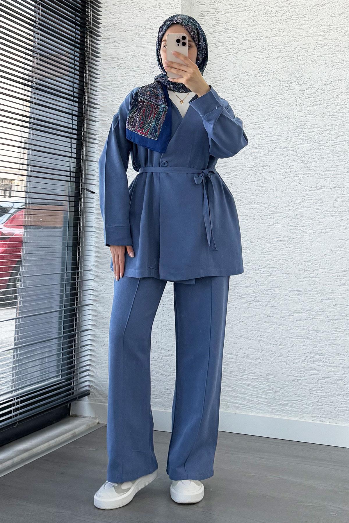 Belden Bağlamalı Düğme Detaylı Keten Takım -İndigo