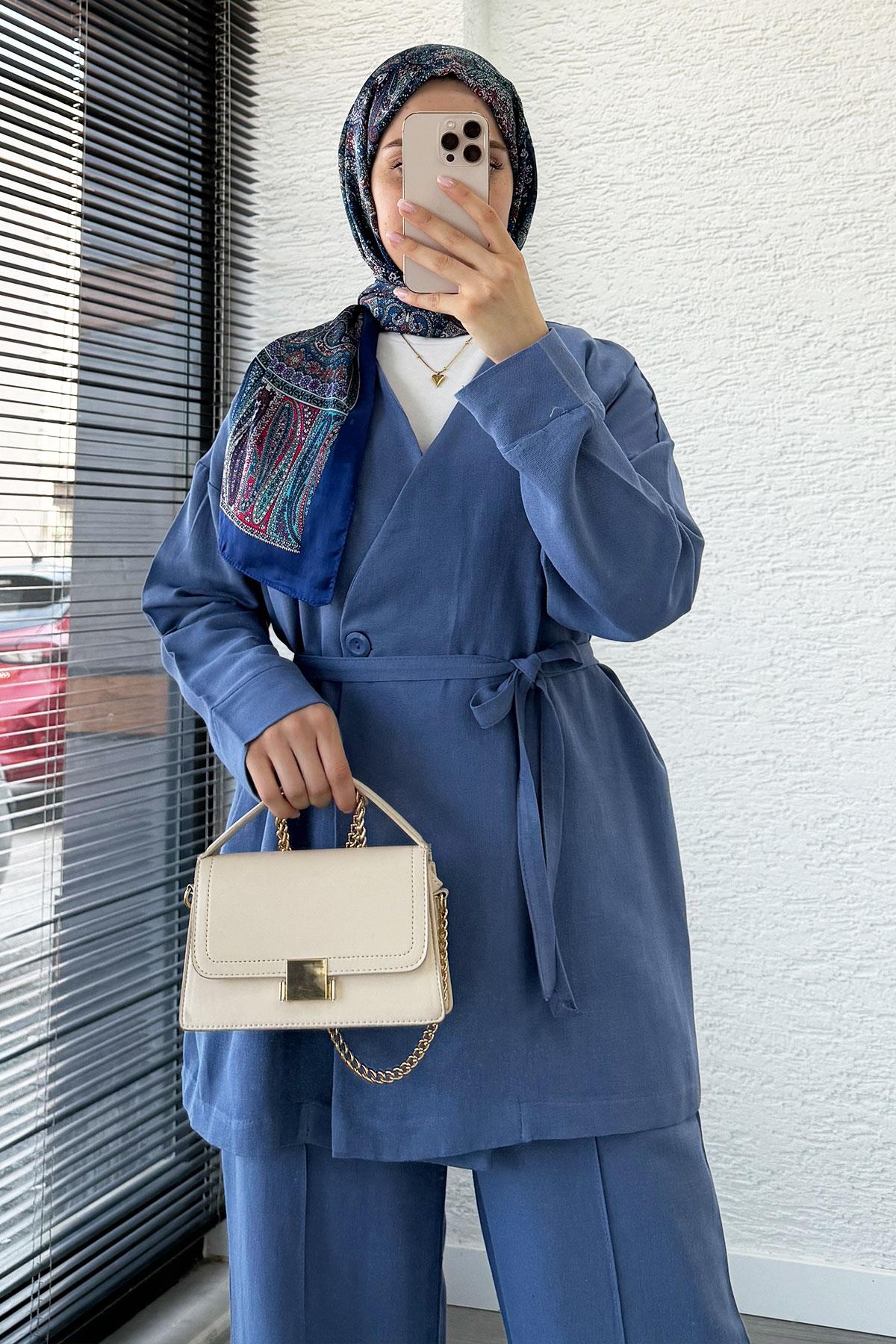 Belden Bağlamalı Düğme Detaylı Keten Takım -İndigo