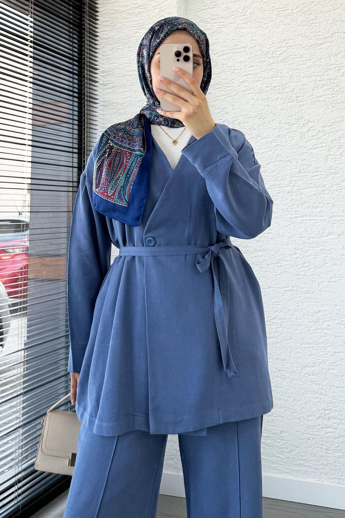 Belden Bağlamalı Düğme Detaylı Keten Takım -İndigo