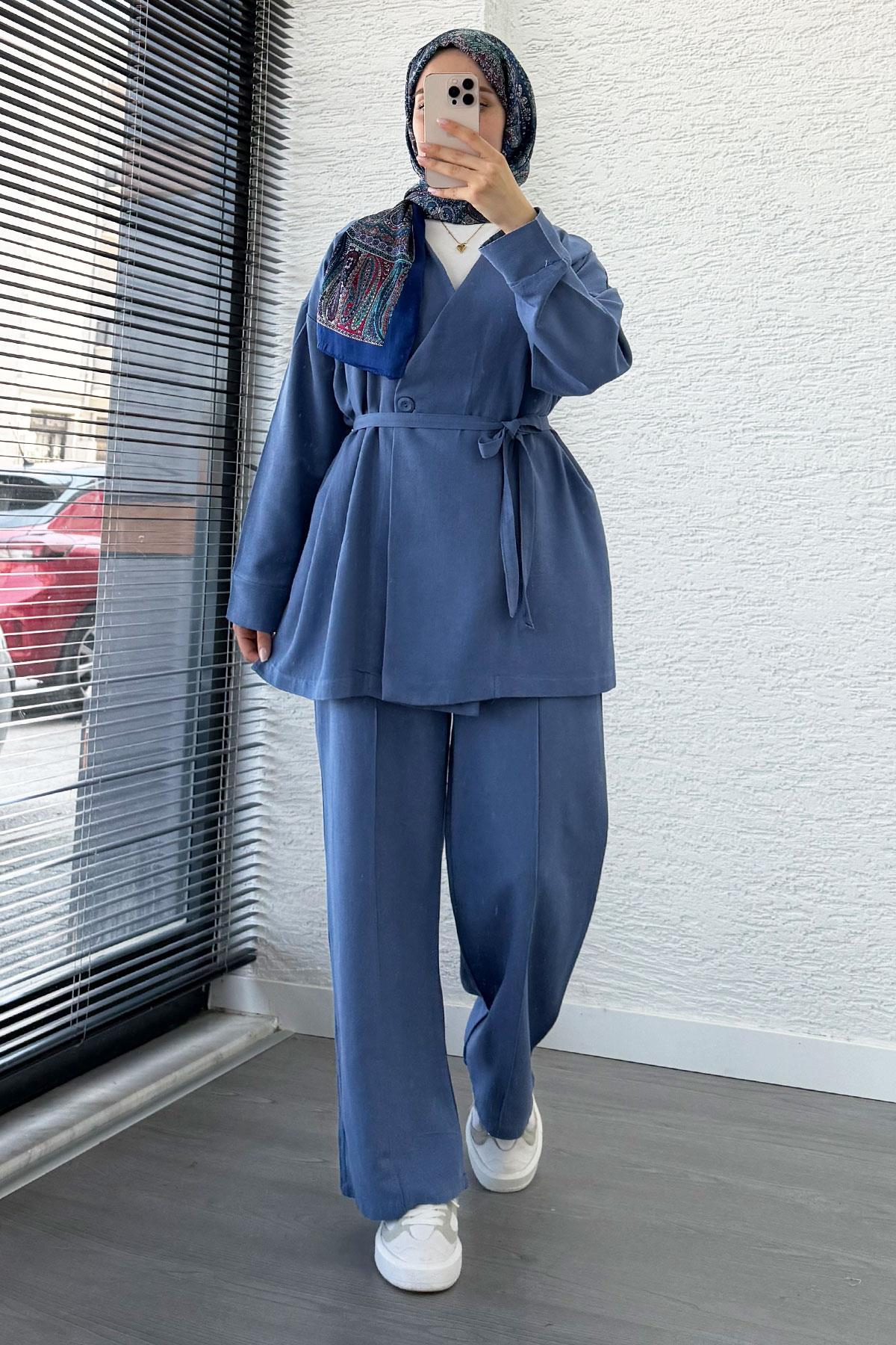 Belden Bağlamalı Düğme Detaylı Keten Takım -İndigo