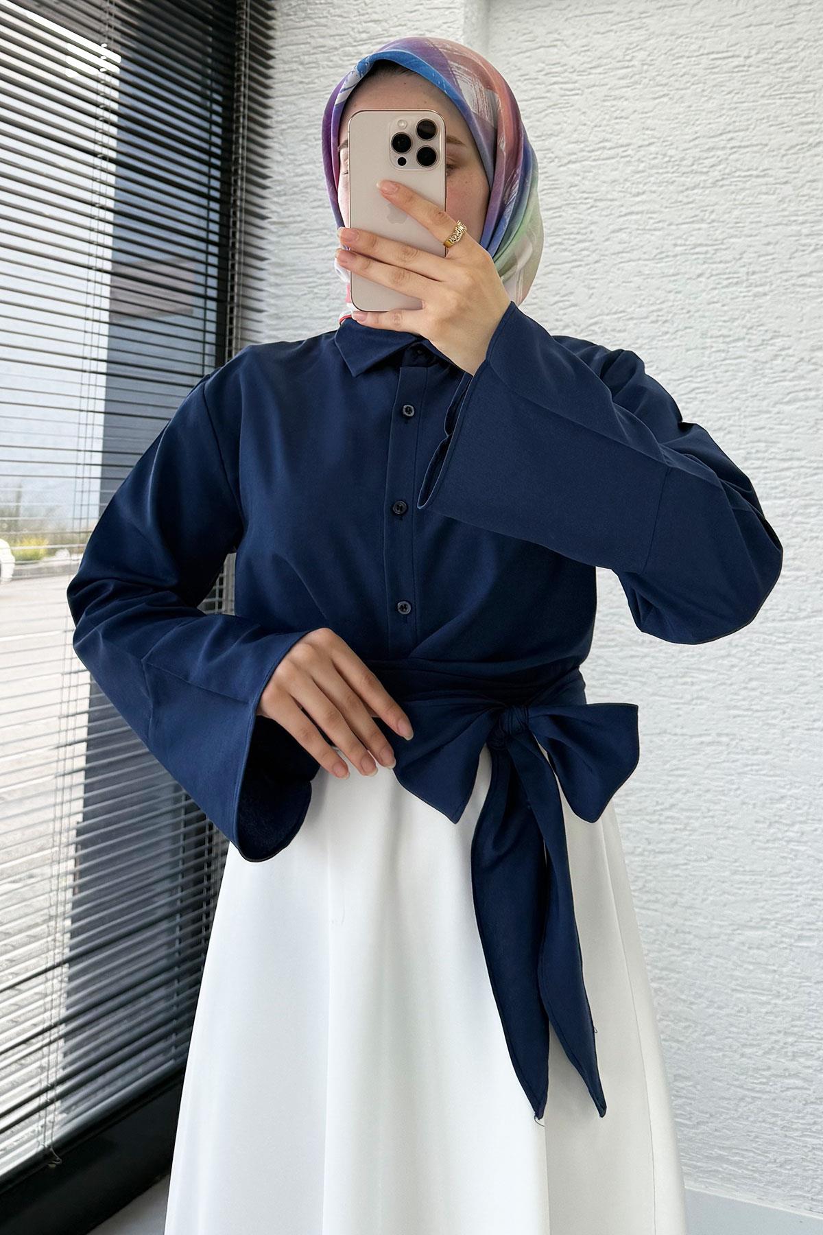 Belden Bağlamalı Poplin Gömlek - Lacivert