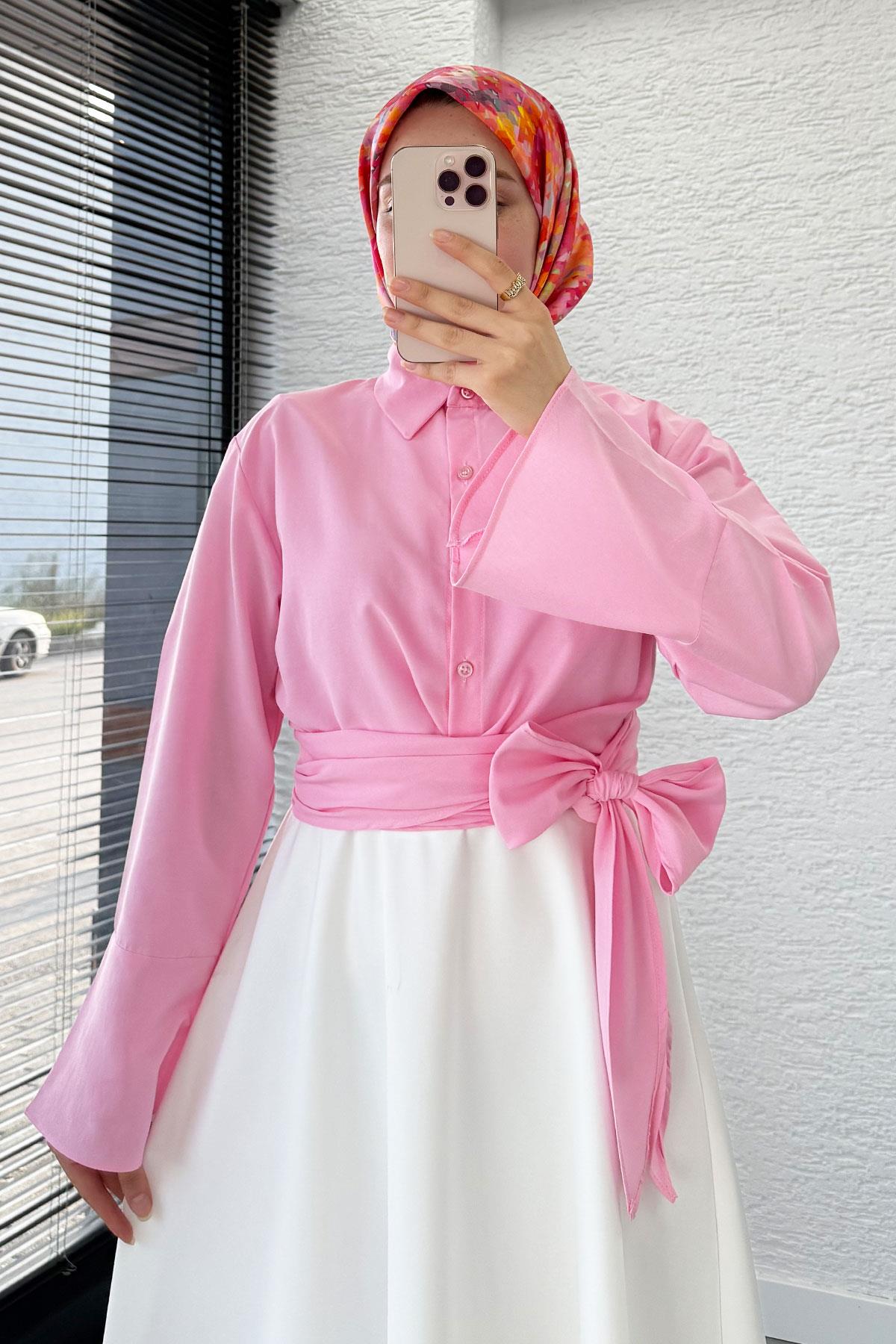 Belden Bağlamalı Poplin Gömlek - Pembe