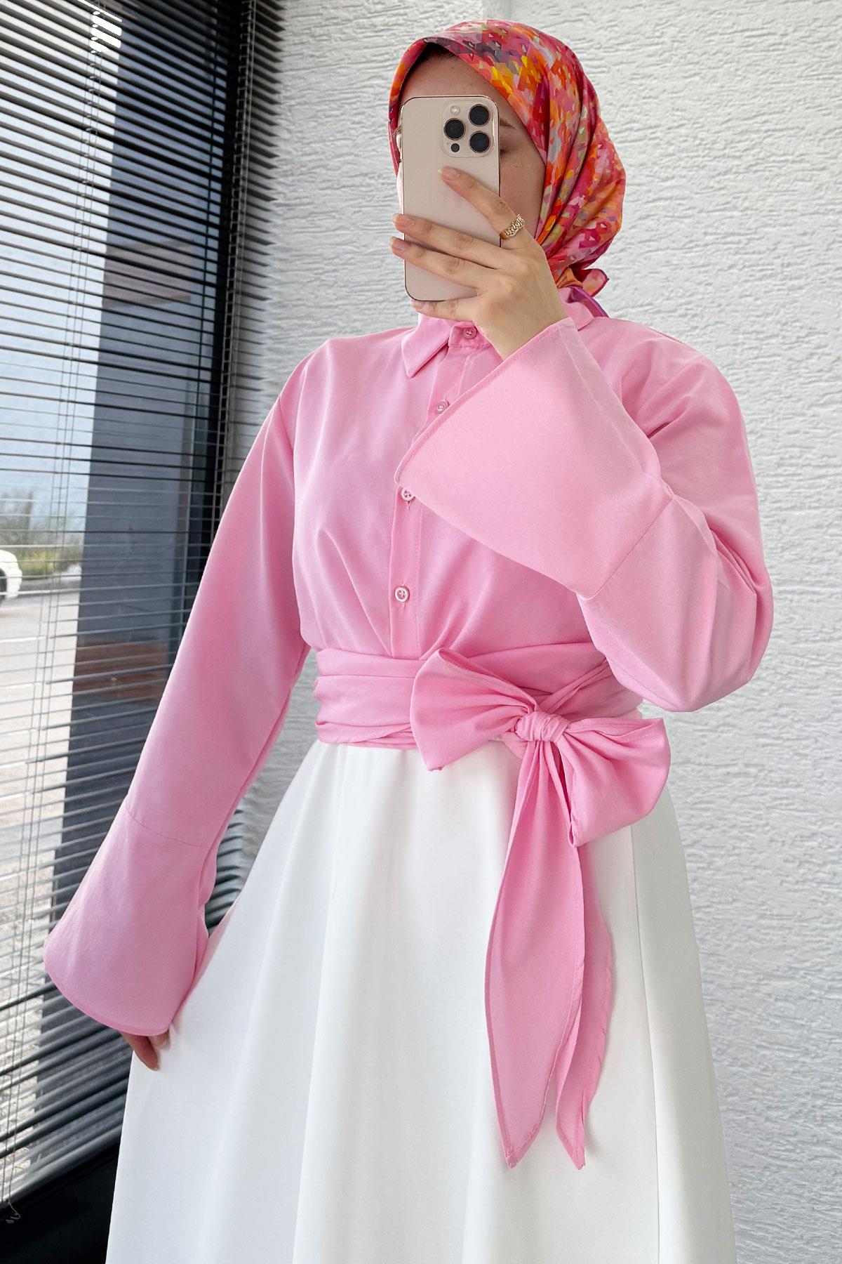 Belden Bağlamalı Poplin Gömlek - Pembe