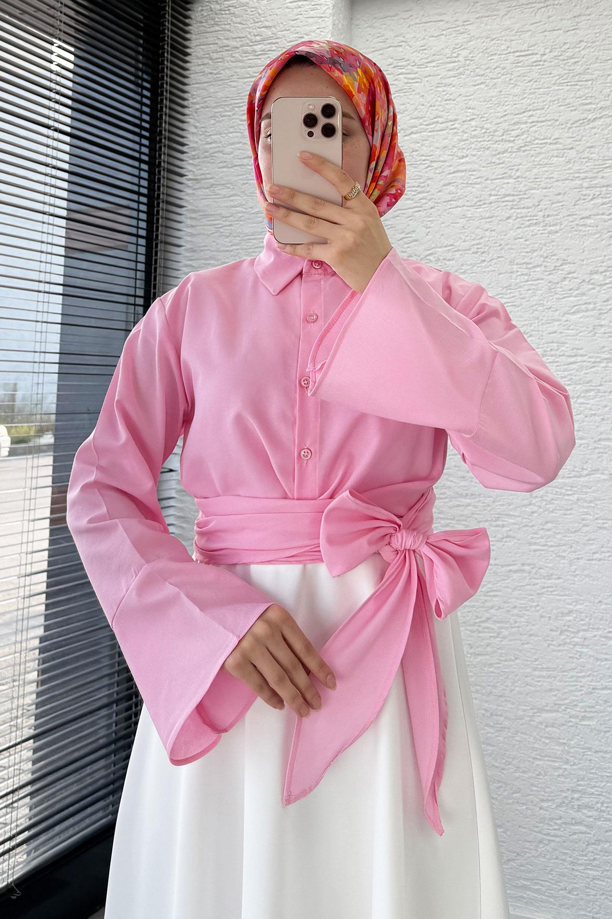 Belden Bağlamalı Poplin Gömlek - Pembe